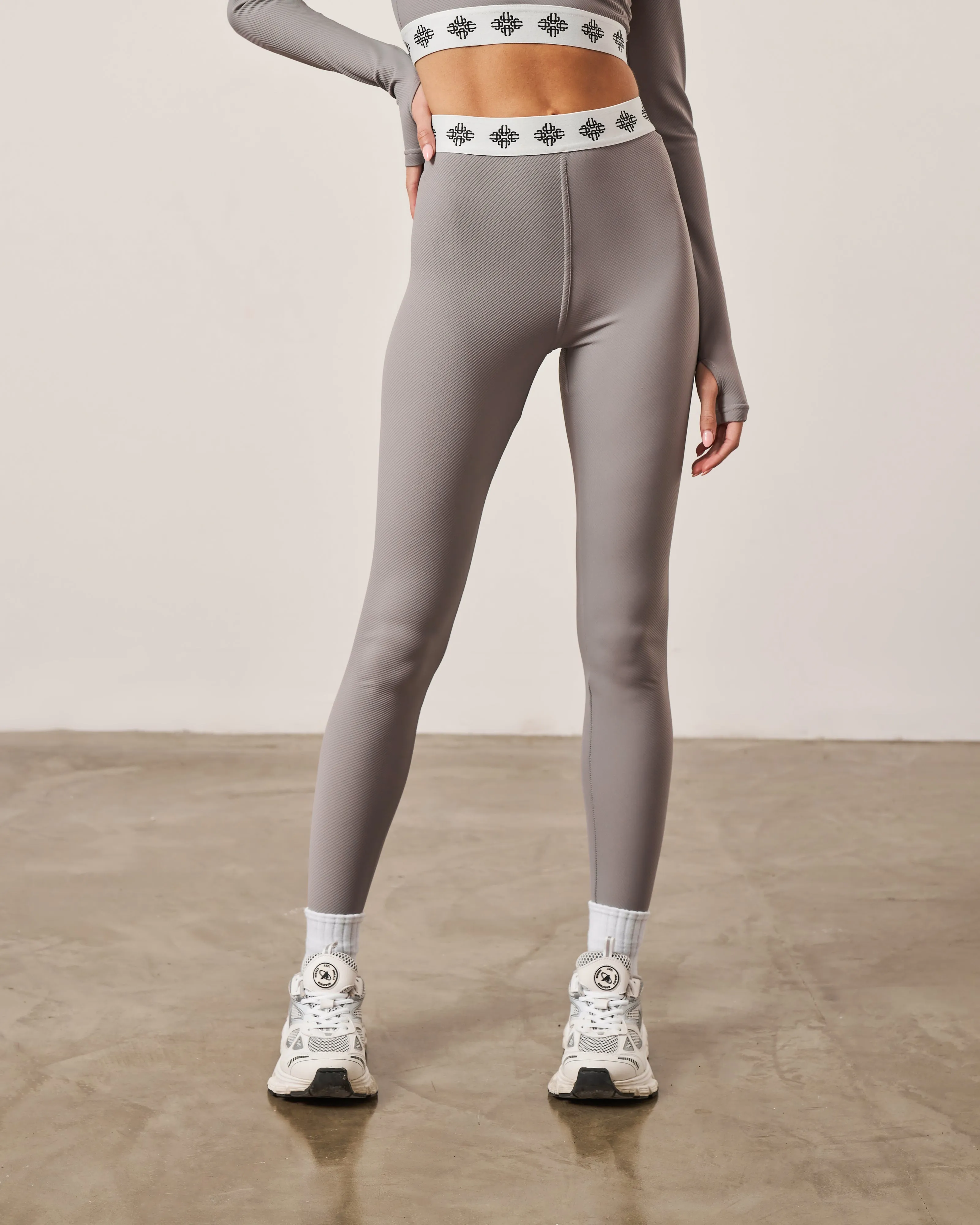 BRANDED WAISTBAND RIBBED LEGGINGS - GREY
