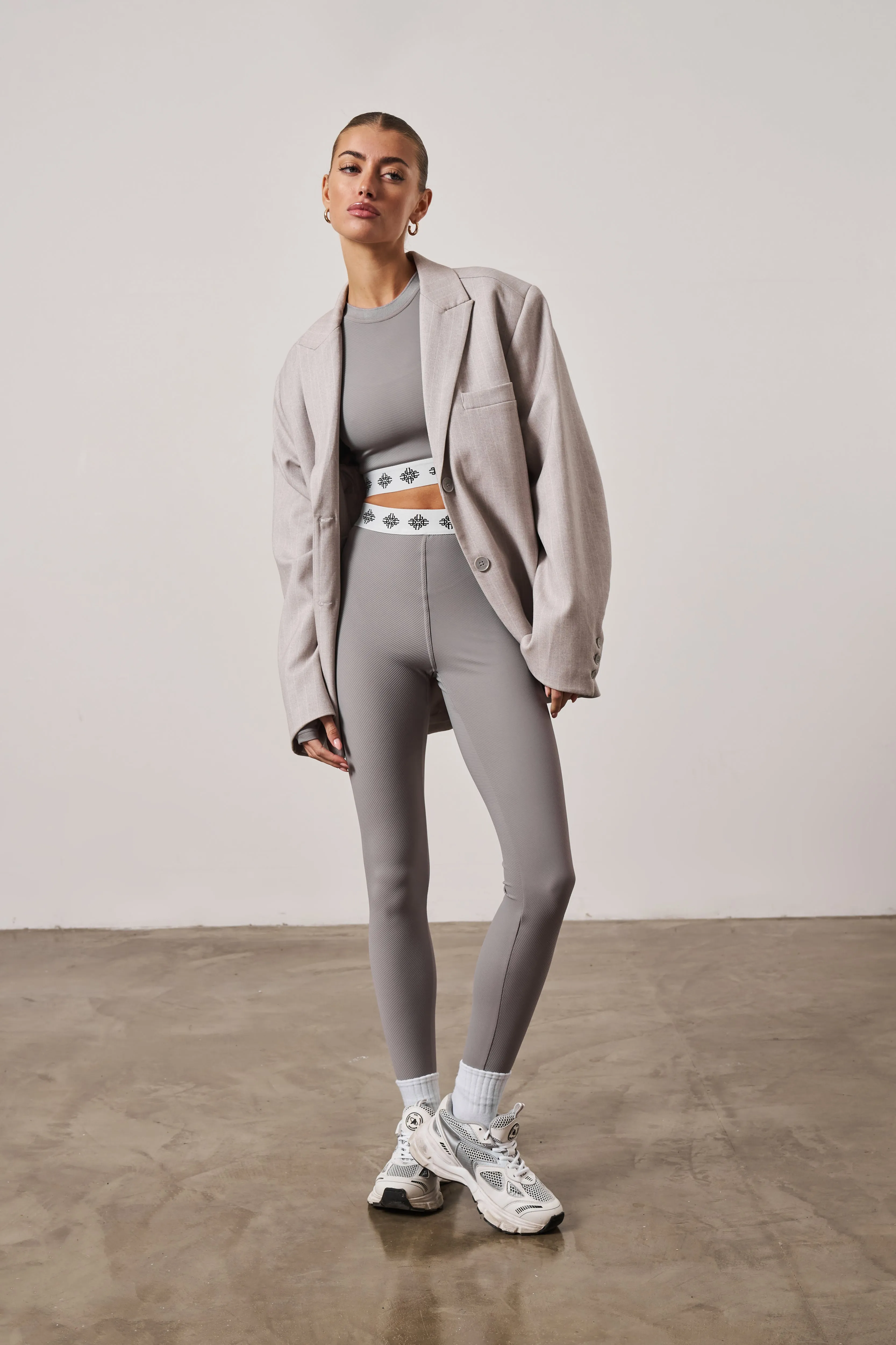 BRANDED WAISTBAND RIBBED LEGGINGS - GREY