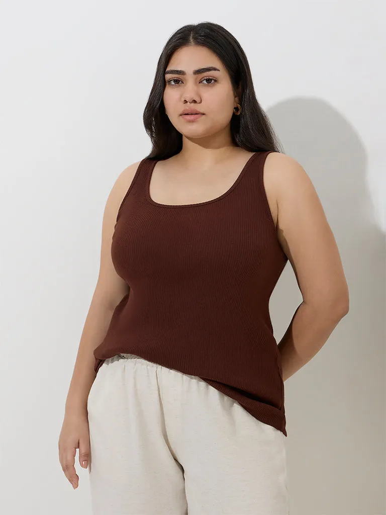 Gia Dark Brown Ribbed Cotton-Blend Tank Top