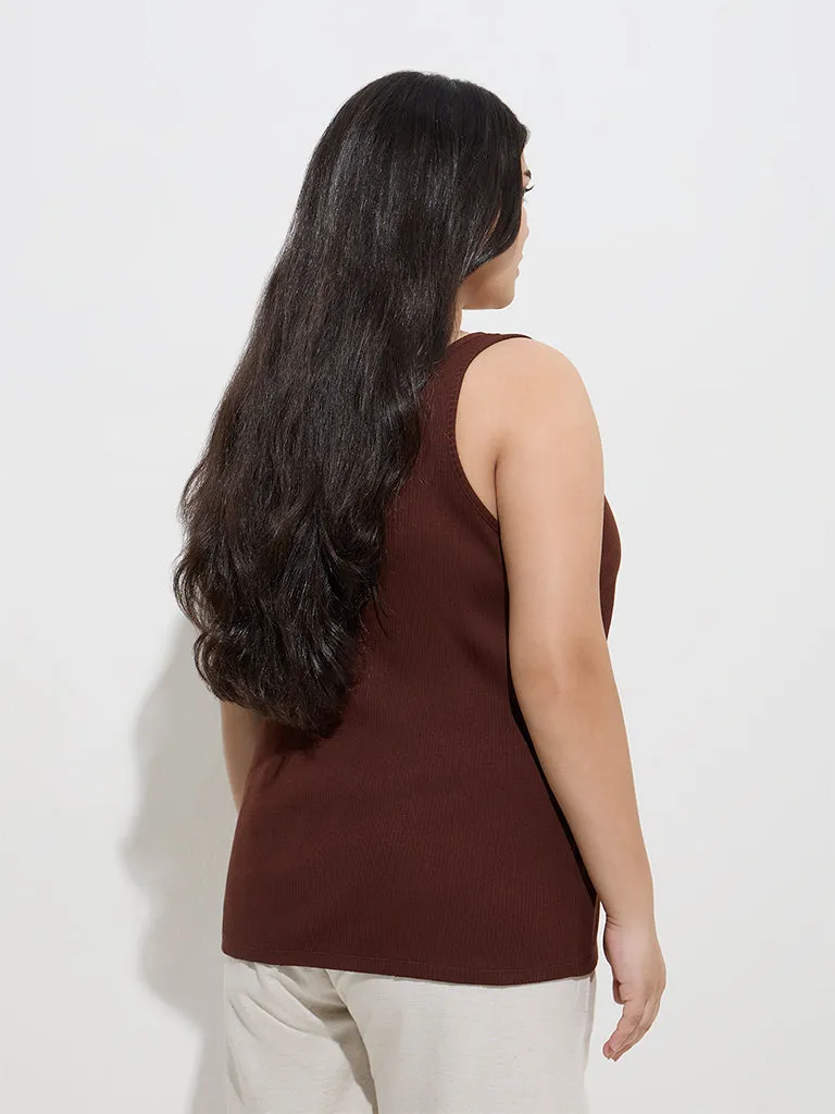 Gia Dark Brown Ribbed Cotton-Blend Tank Top