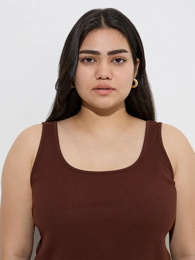 Gia Dark Brown Ribbed Cotton-Blend Tank Top