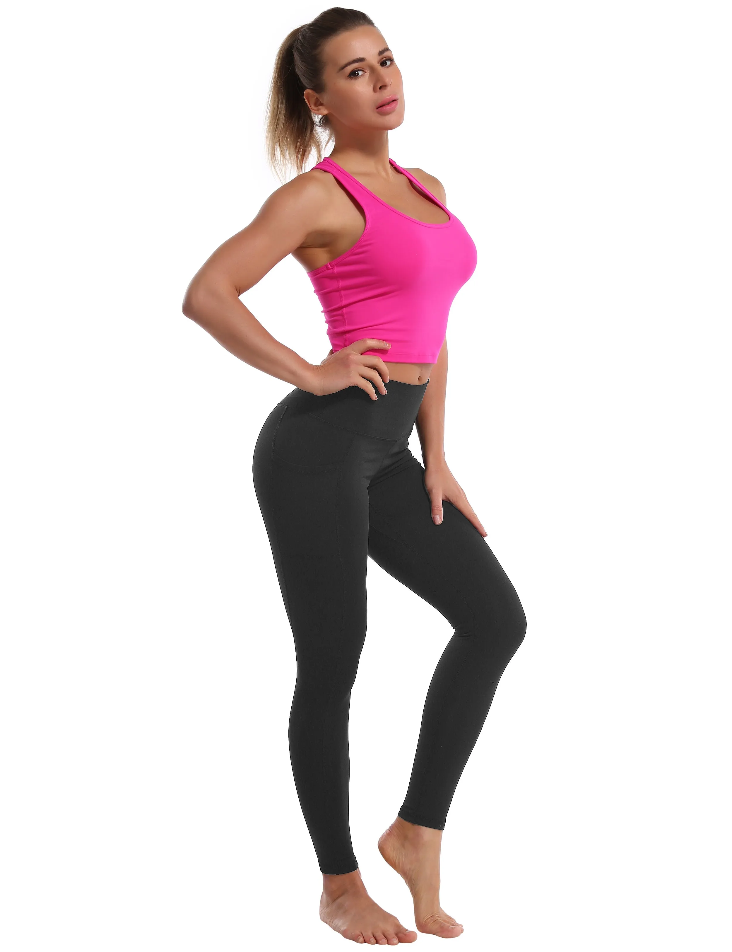 High Waisted Biking Pants 7/8 Length Leggings with Pockets charcoalgrey_Biking