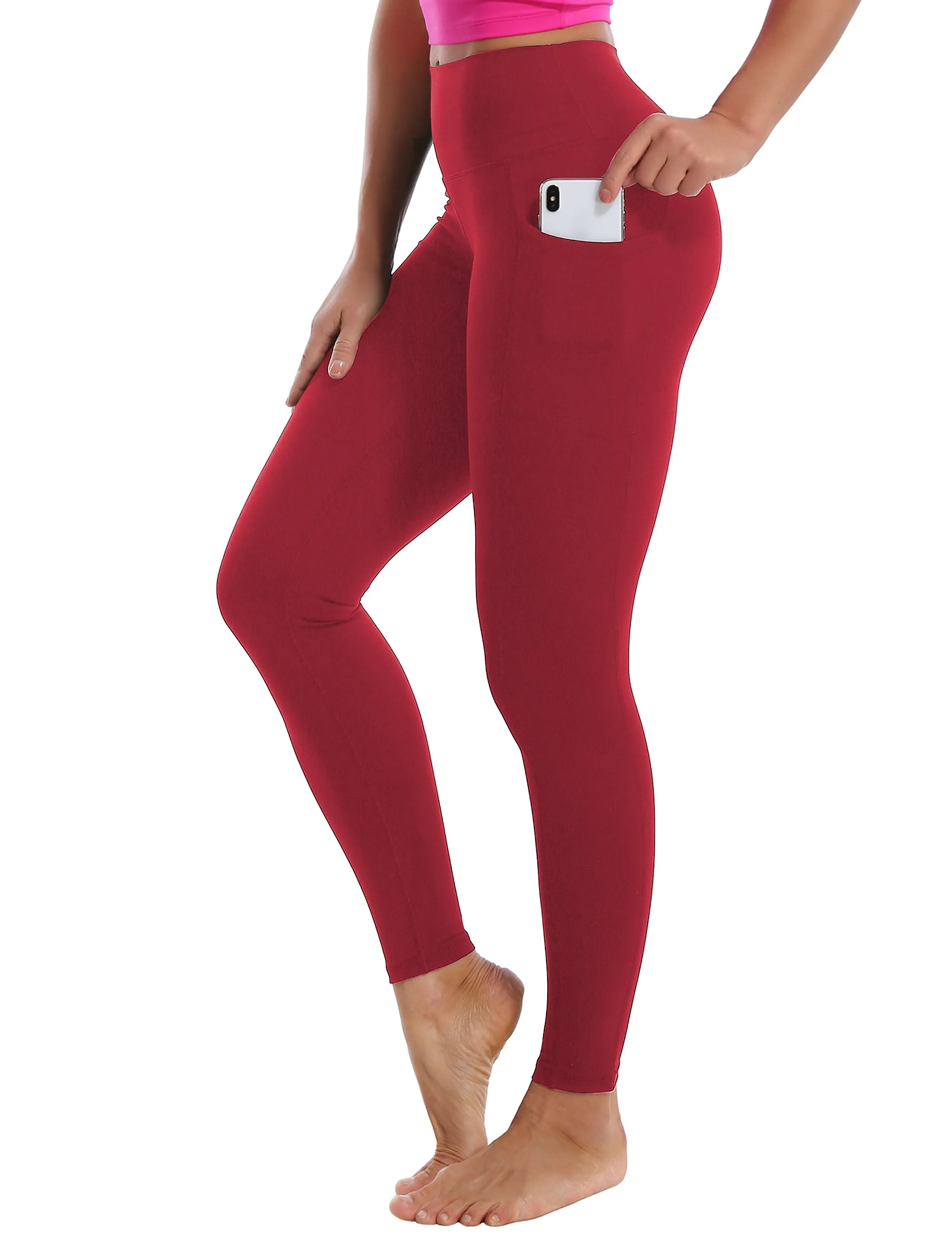 High Waisted Biking Pants 7/8 Length Leggings with Pockets red_Biking