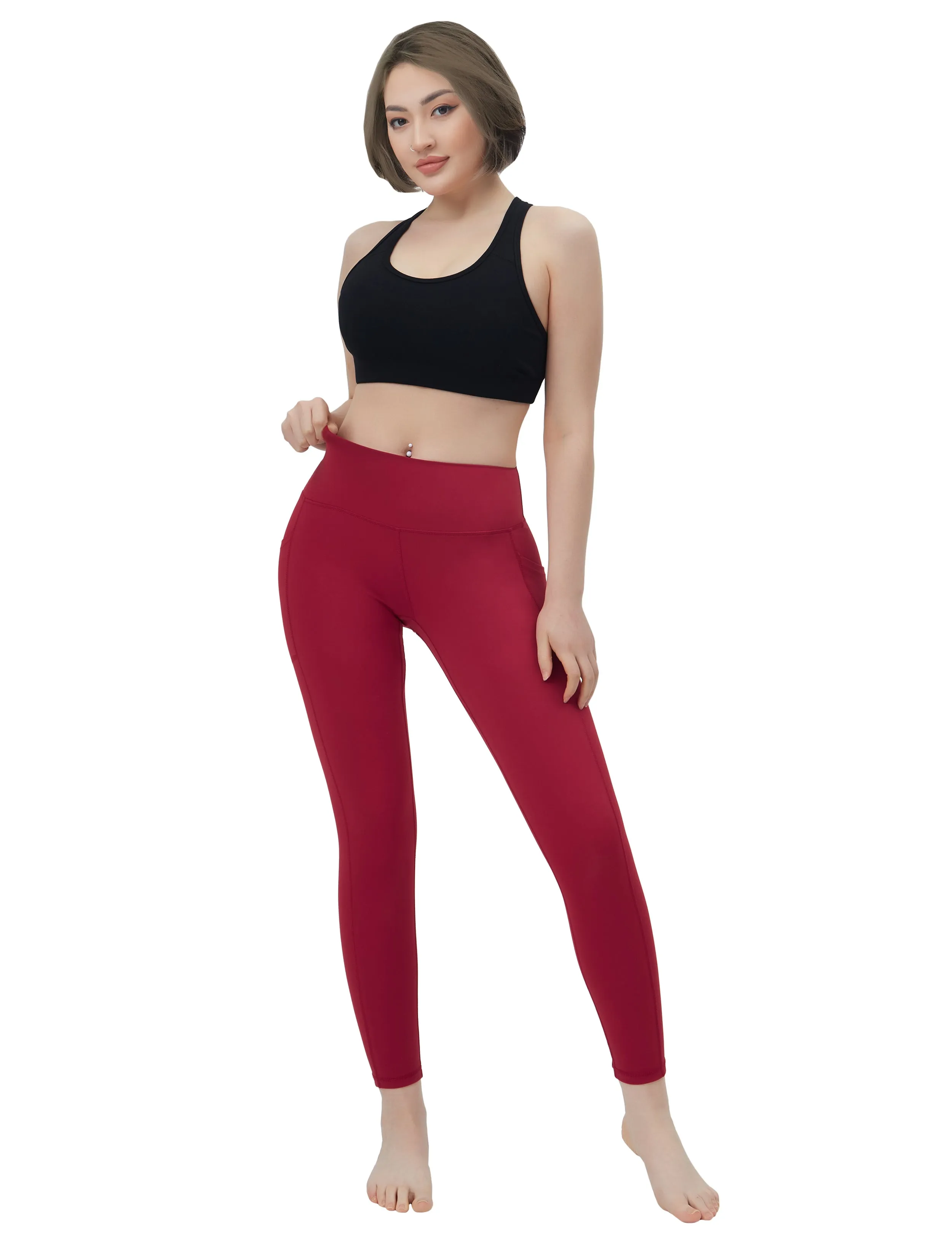 High Waisted Biking Pants 7/8 Length Leggings with Pockets red_Biking