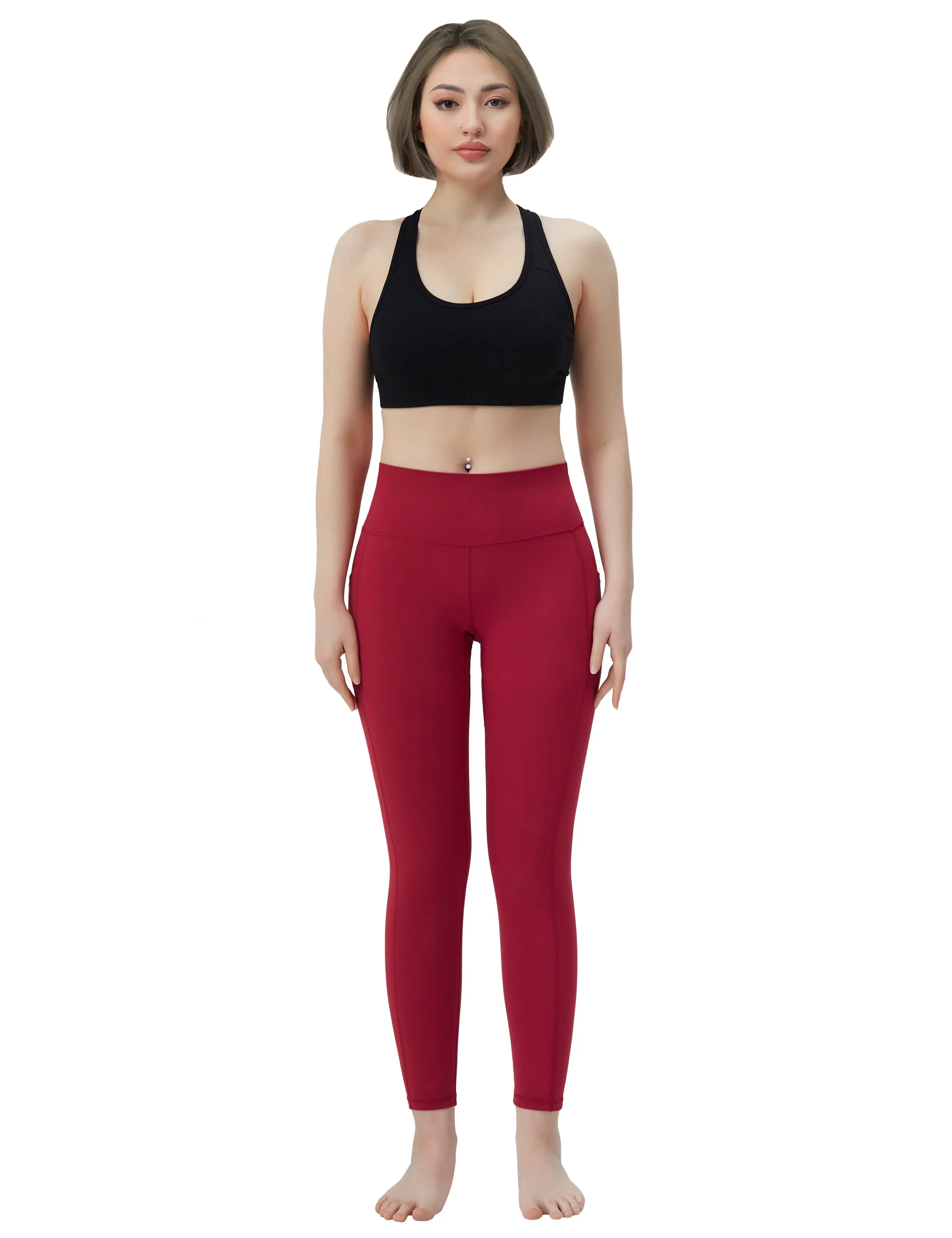 High Waisted Biking Pants 7/8 Length Leggings with Pockets red_Biking