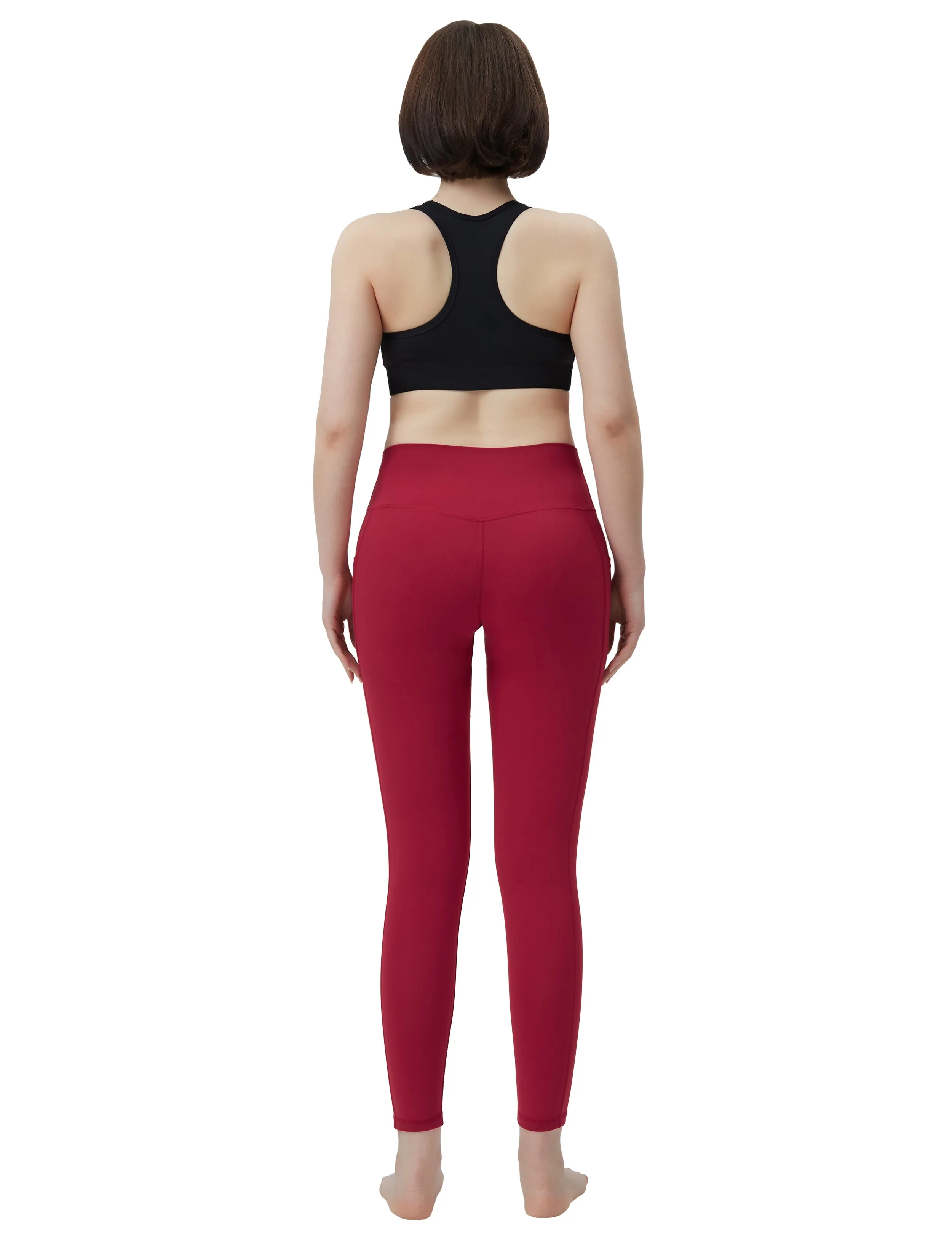High Waisted Gym Pants 7/8 Length Leggings with Pockets red_Gym