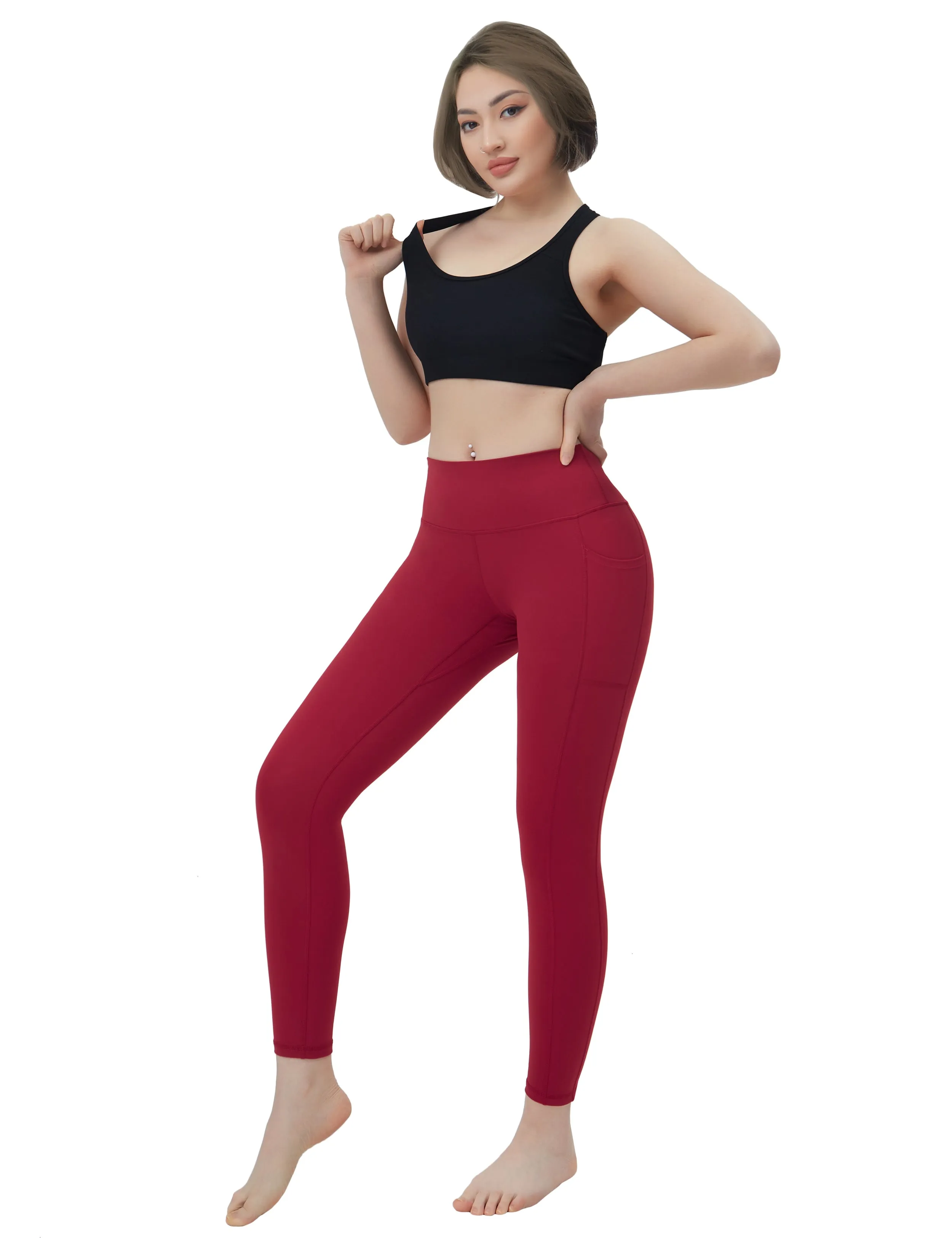 High Waisted Gym Pants 7/8 Length Leggings with Pockets red_Gym