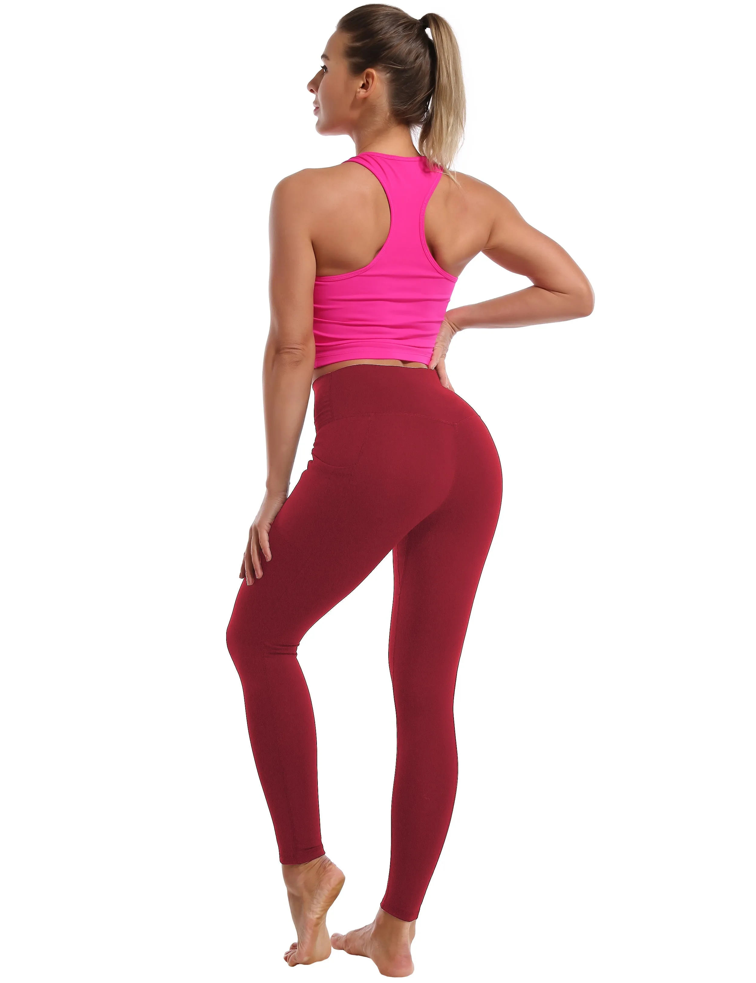 High Waisted Gym Pants 7/8 Length Leggings with Pockets red_Gym