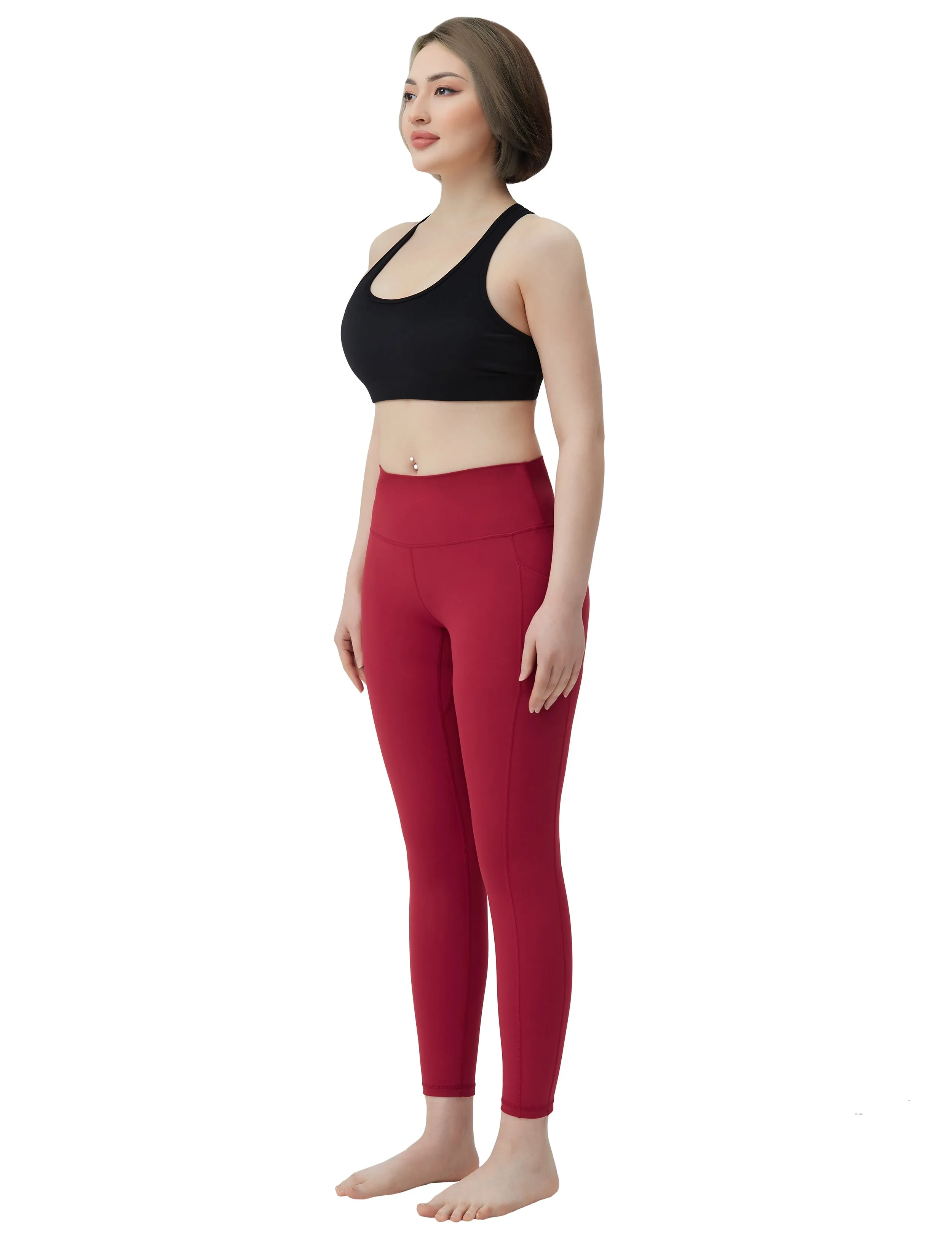 High Waisted Gym Pants 7/8 Length Leggings with Pockets red_Gym