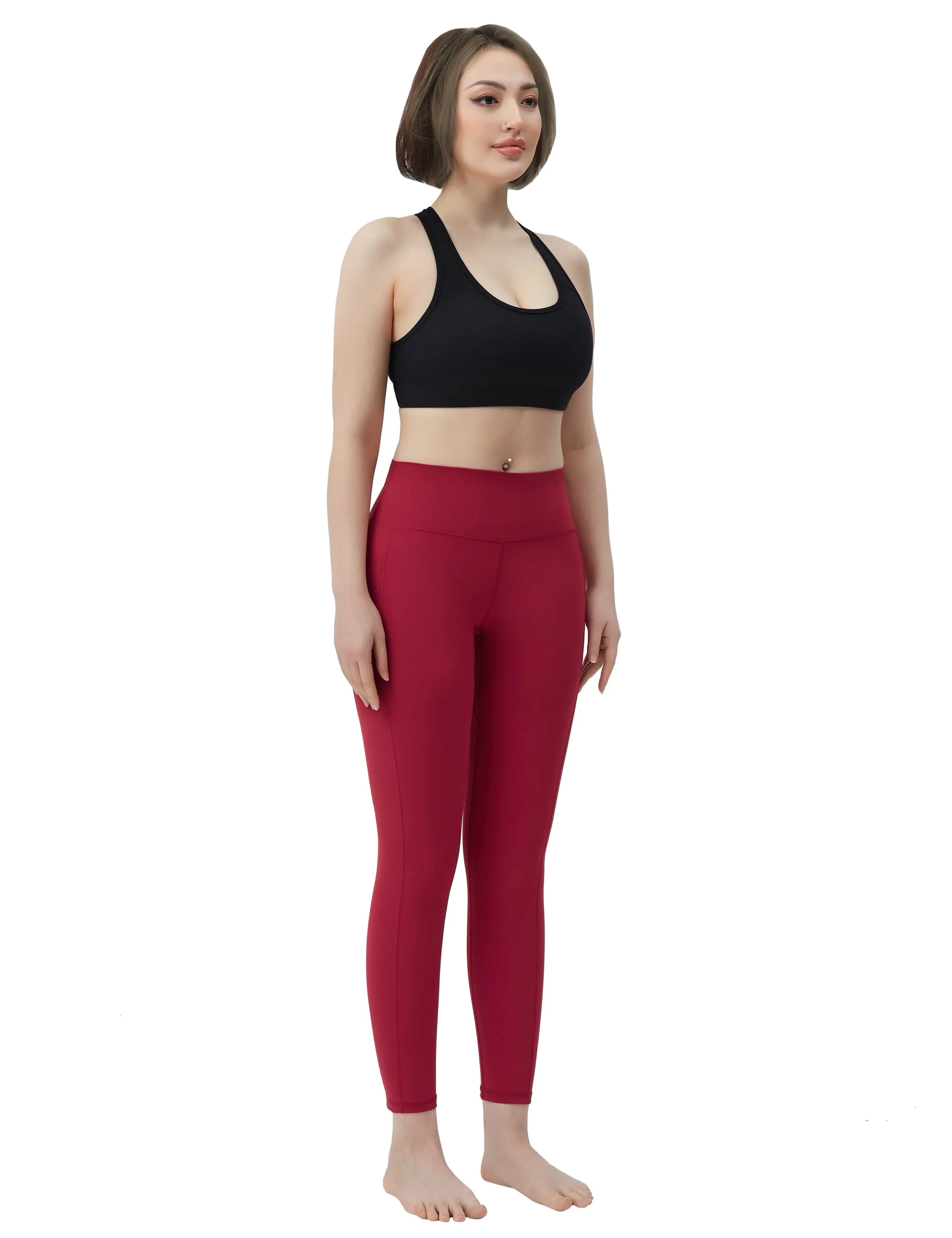 High Waisted Gym Pants 7/8 Length Leggings with Pockets red_Gym