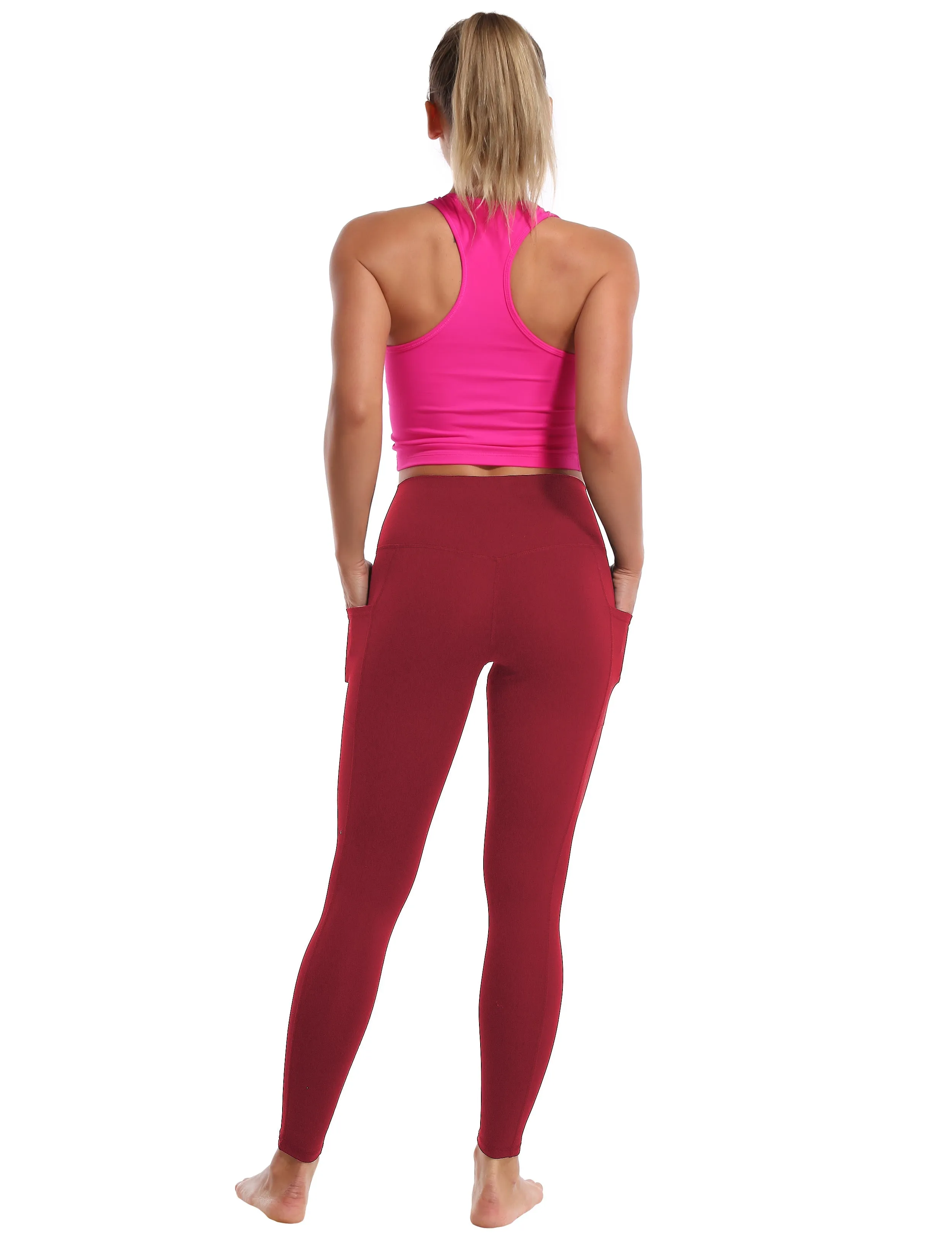 High Waisted Gym Pants 7/8 Length Leggings with Pockets red_Gym