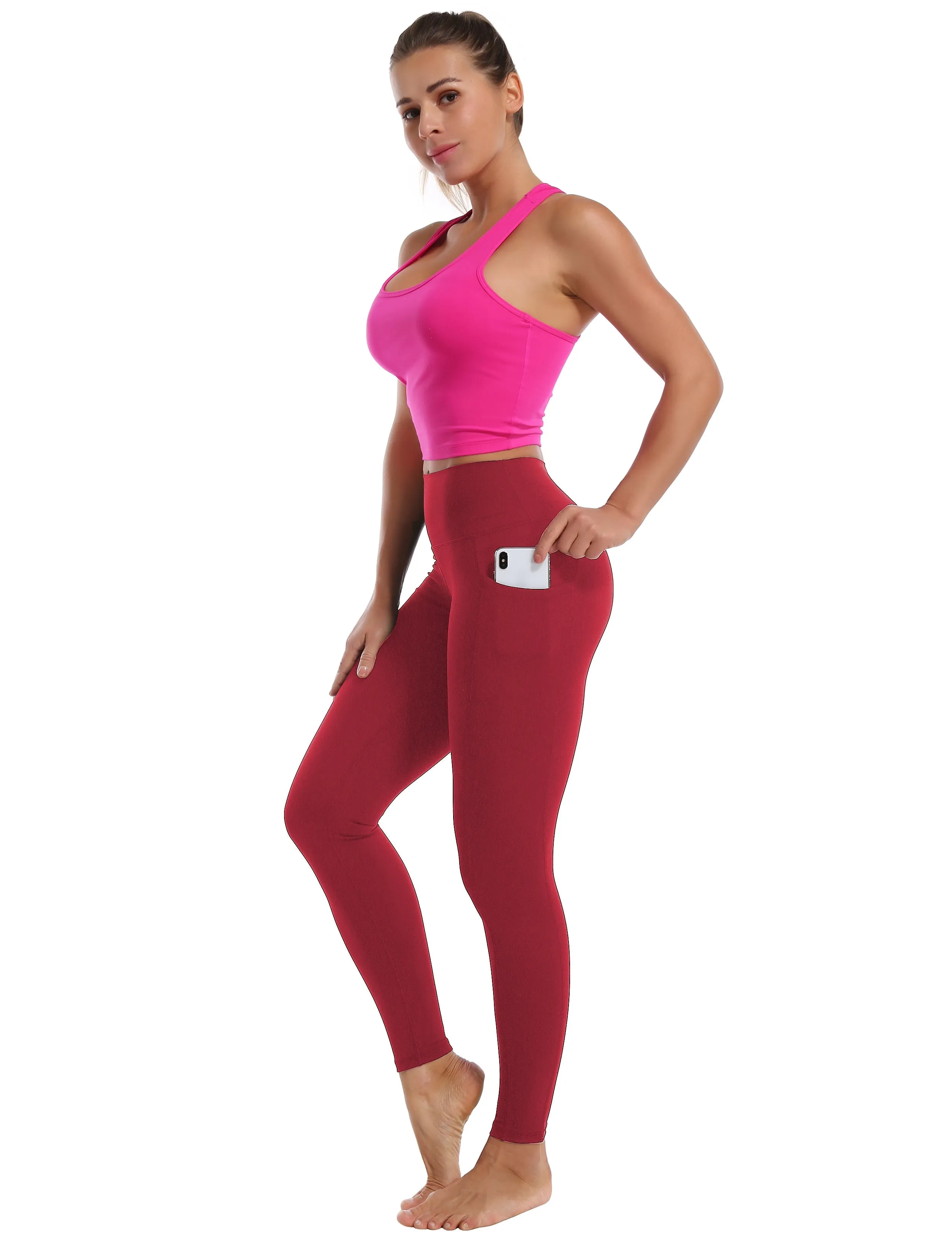 High Waisted Gym Pants 7/8 Length Leggings with Pockets red_Gym