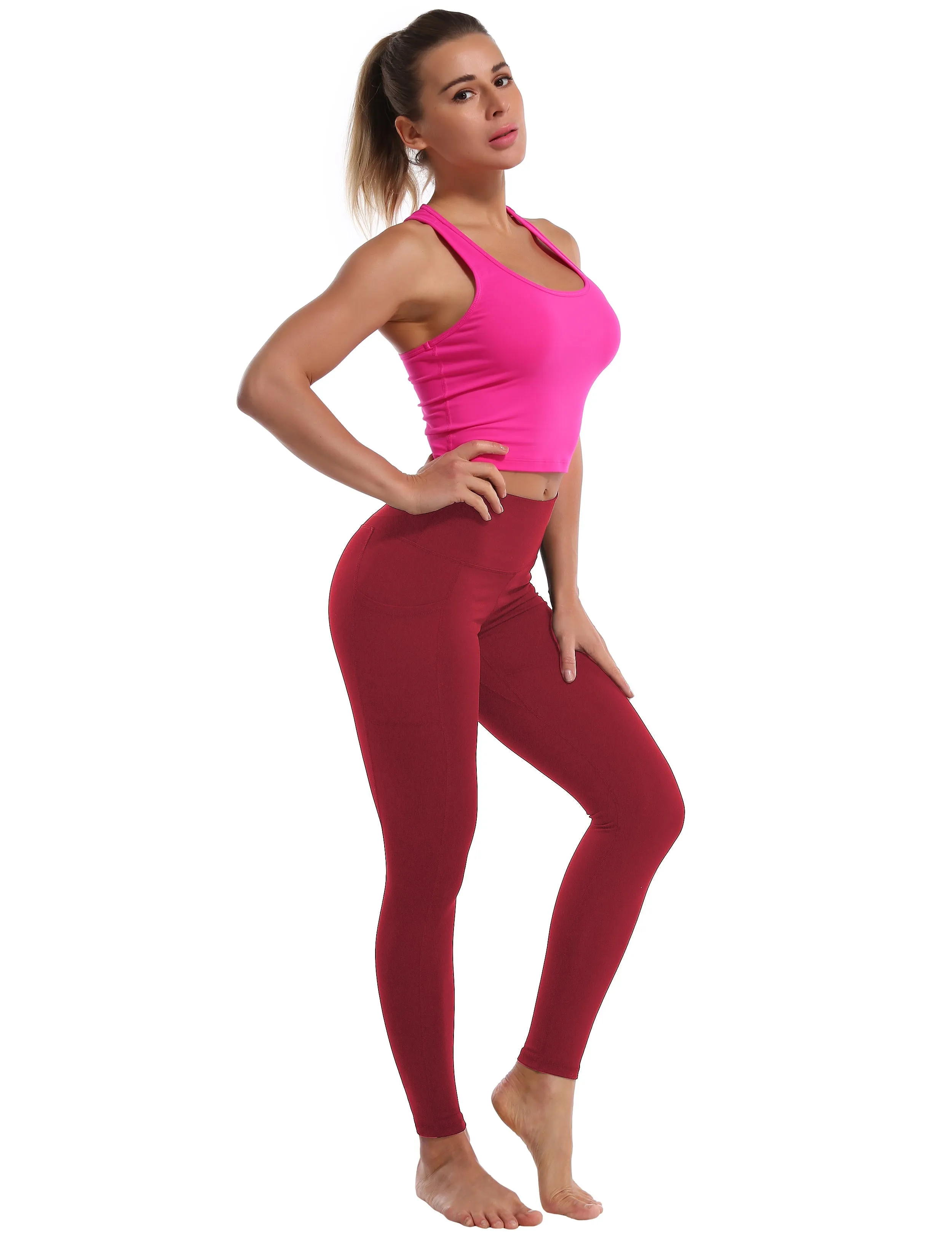 High Waisted Gym Pants 7/8 Length Leggings with Pockets red_Gym