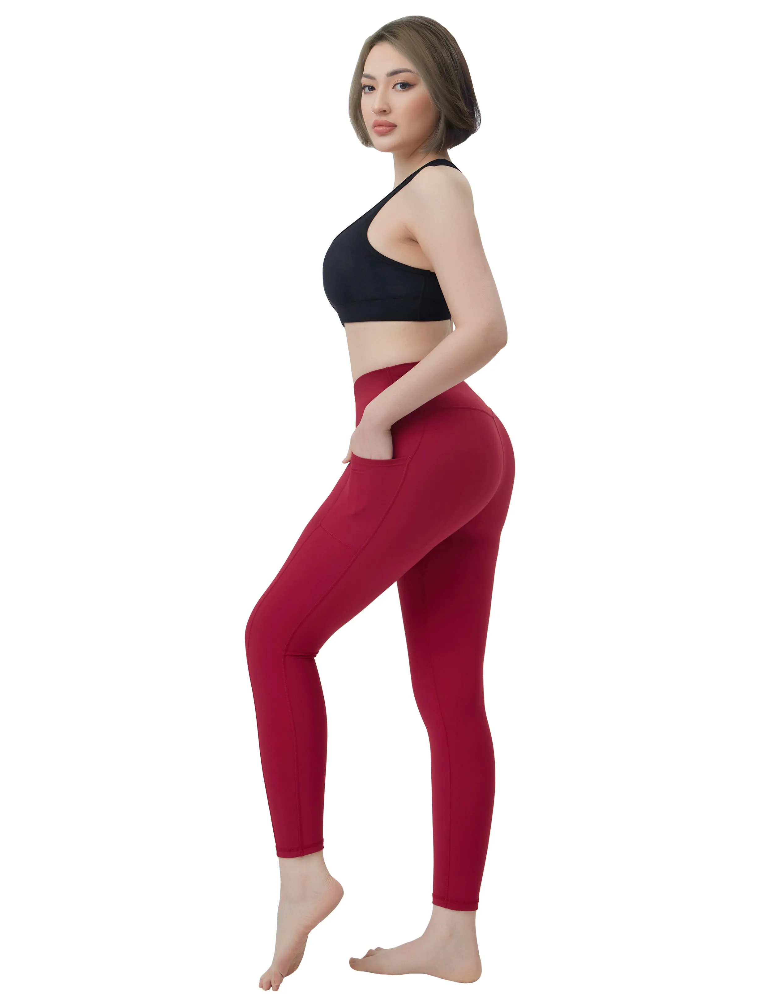 High Waisted Gym Pants 7/8 Length Leggings with Pockets red_Gym