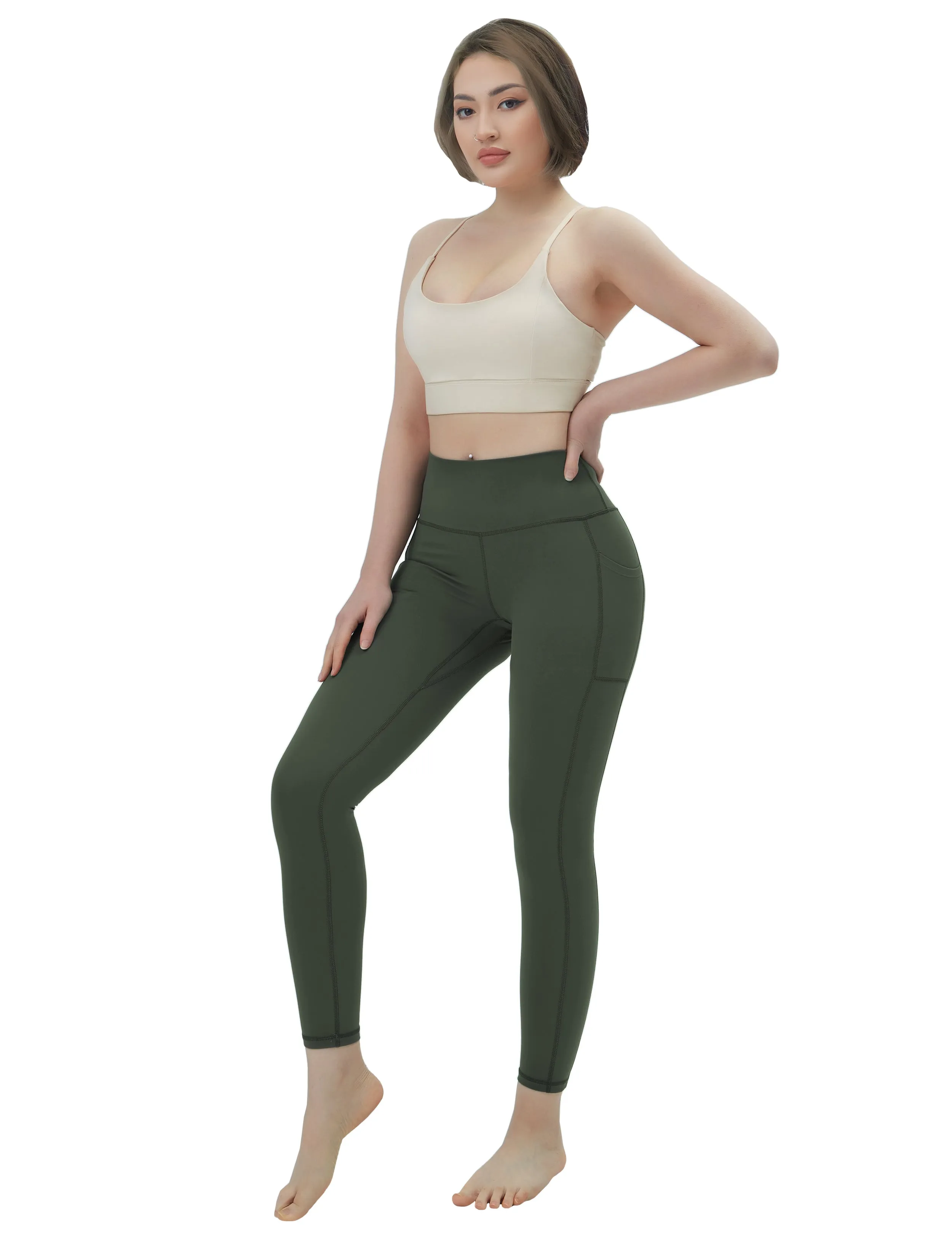 High Waisted Pilates Pants 7/8 Length Leggings with Pockets olivegreen_Pilates