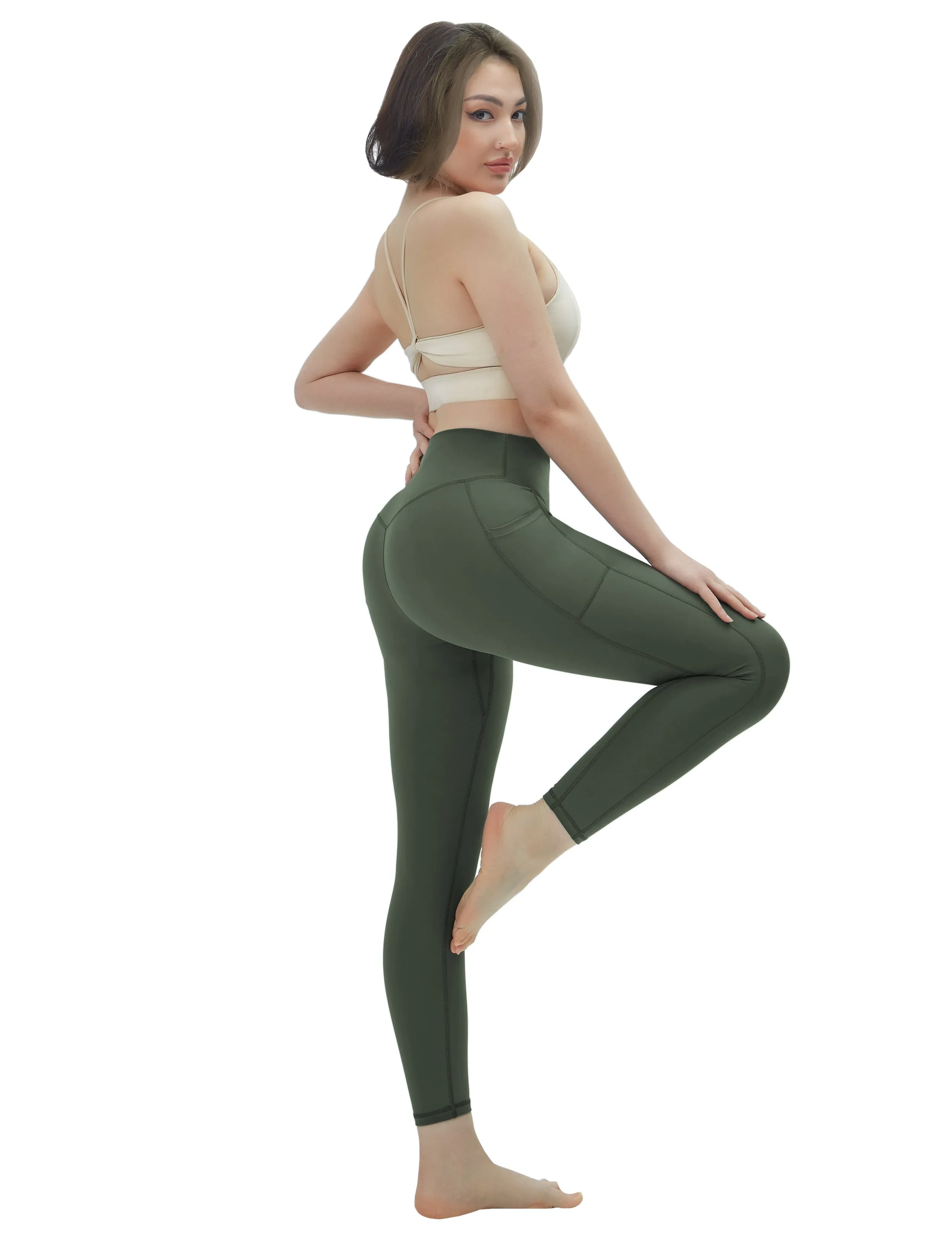 High Waisted Pilates Pants 7/8 Length Leggings with Pockets olivegreen_Pilates