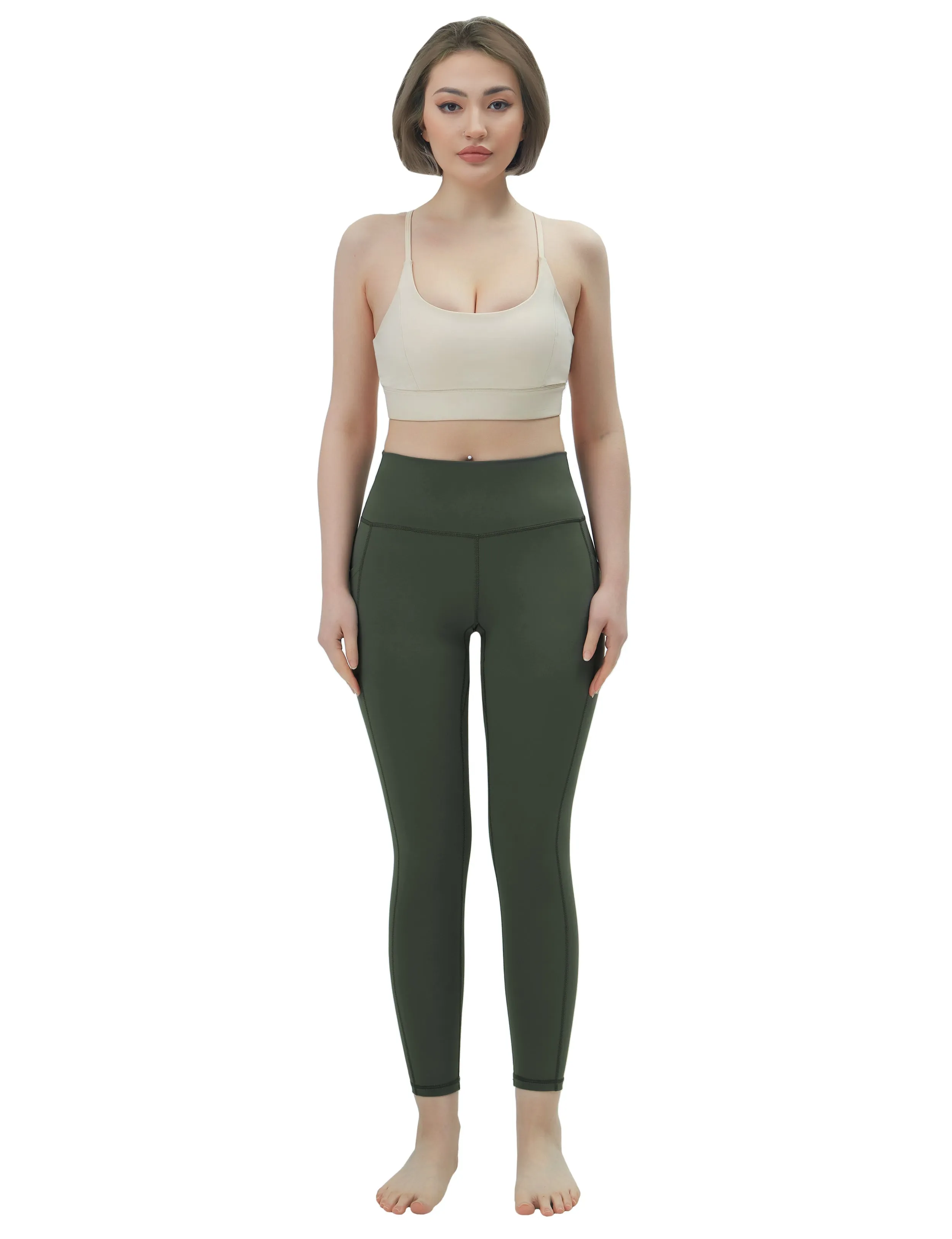 High Waisted Pilates Pants 7/8 Length Leggings with Pockets olivegreen_Pilates