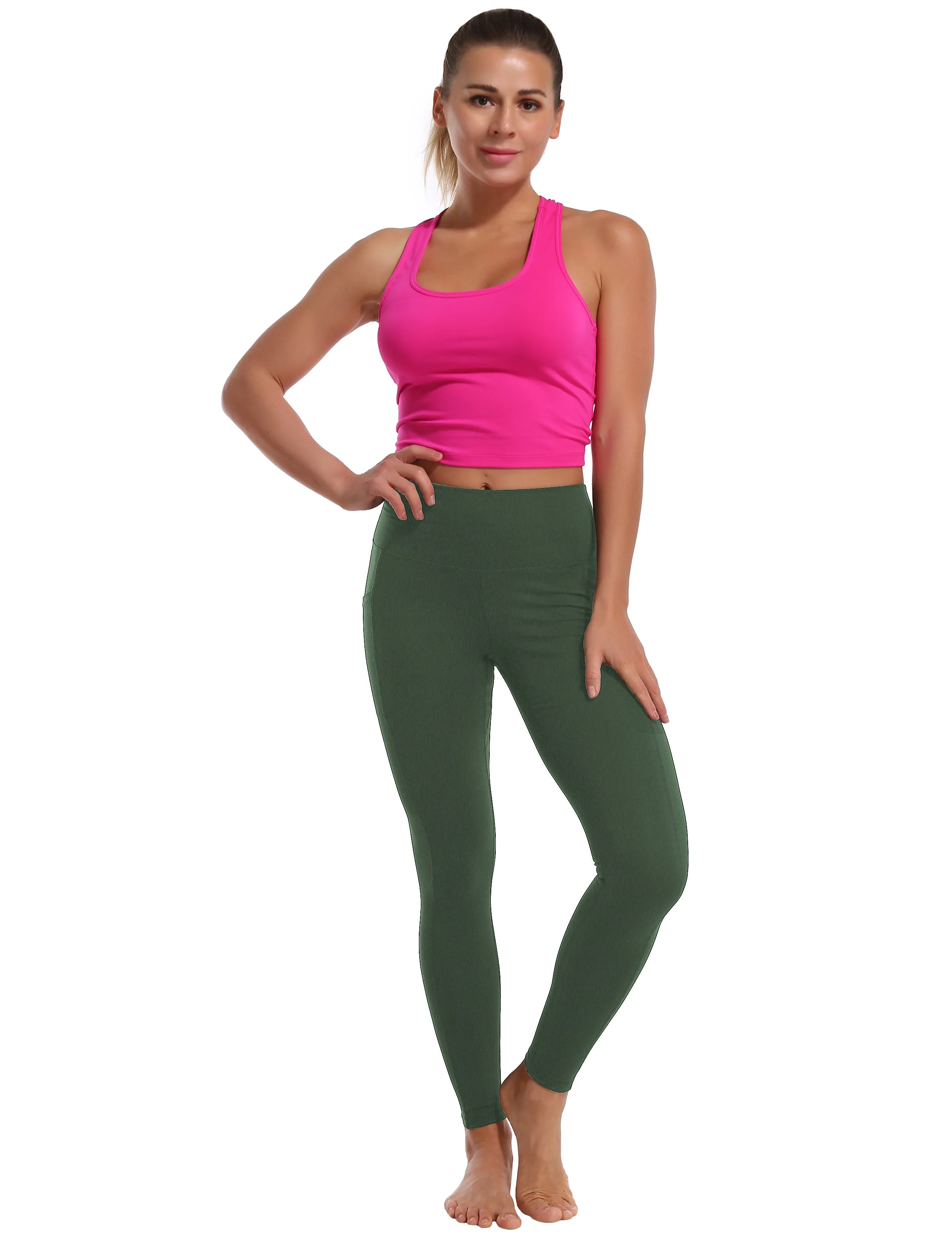 High Waisted Pilates Pants 7/8 Length Leggings with Pockets olivegreen_Pilates