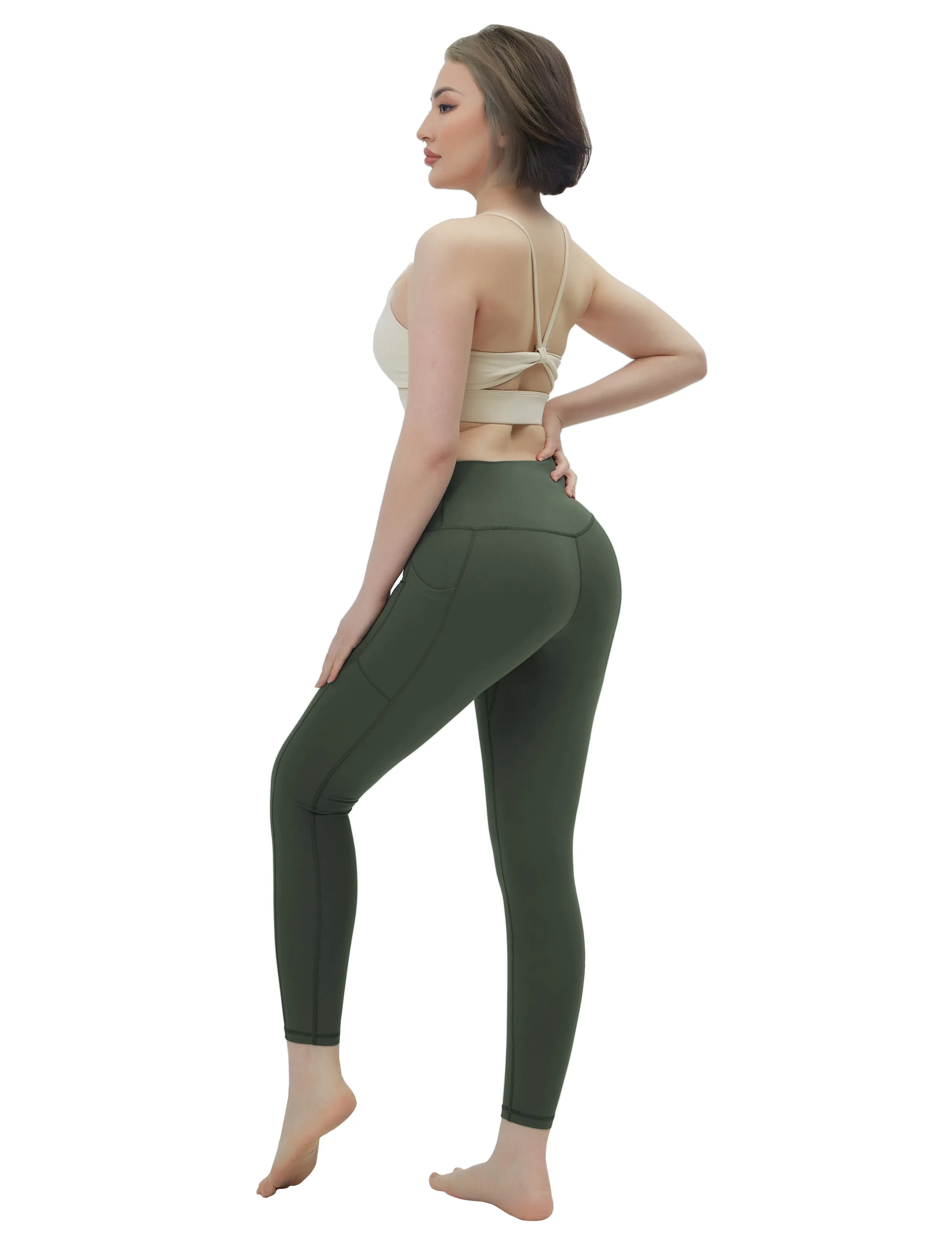 High Waisted Pilates Pants 7/8 Length Leggings with Pockets olivegreen_Pilates