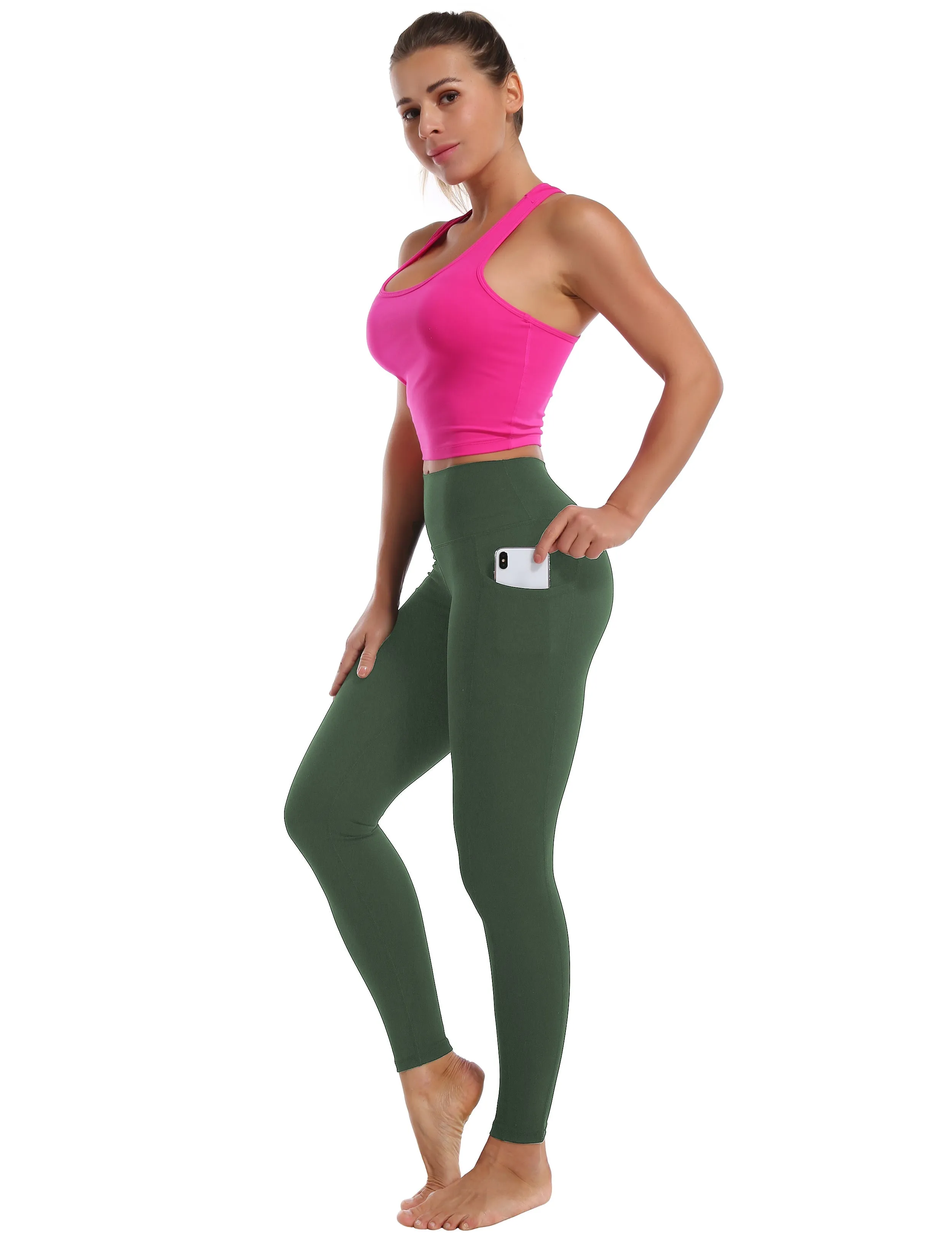 High Waisted Pilates Pants 7/8 Length Leggings with Pockets olivegreen_Pilates