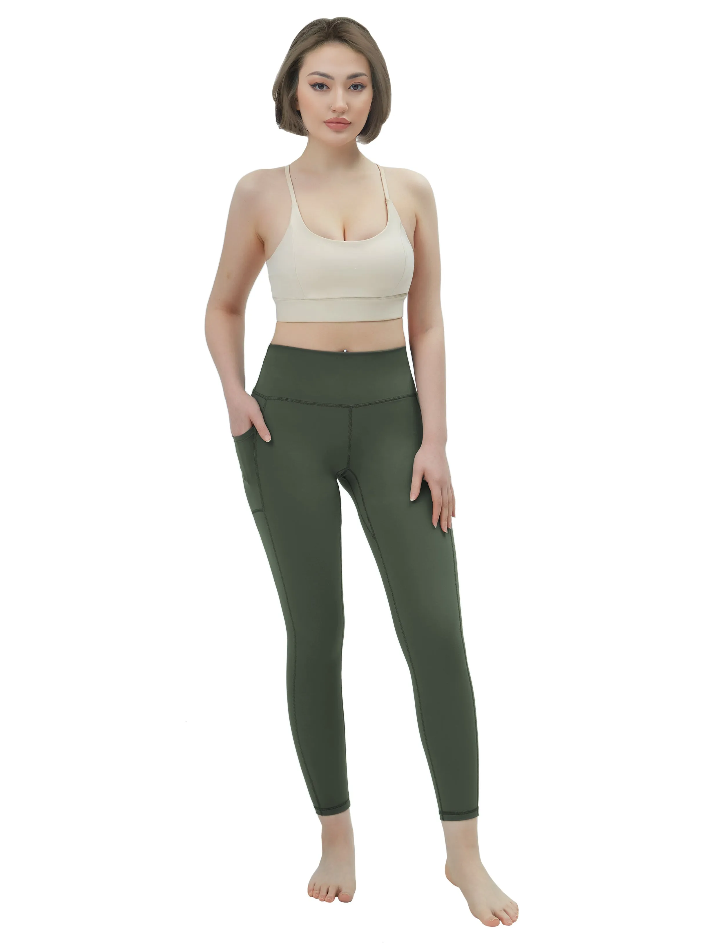 High Waisted Yoga Pants 7/8 Length Leggings with Pockets olivegreen_yoga