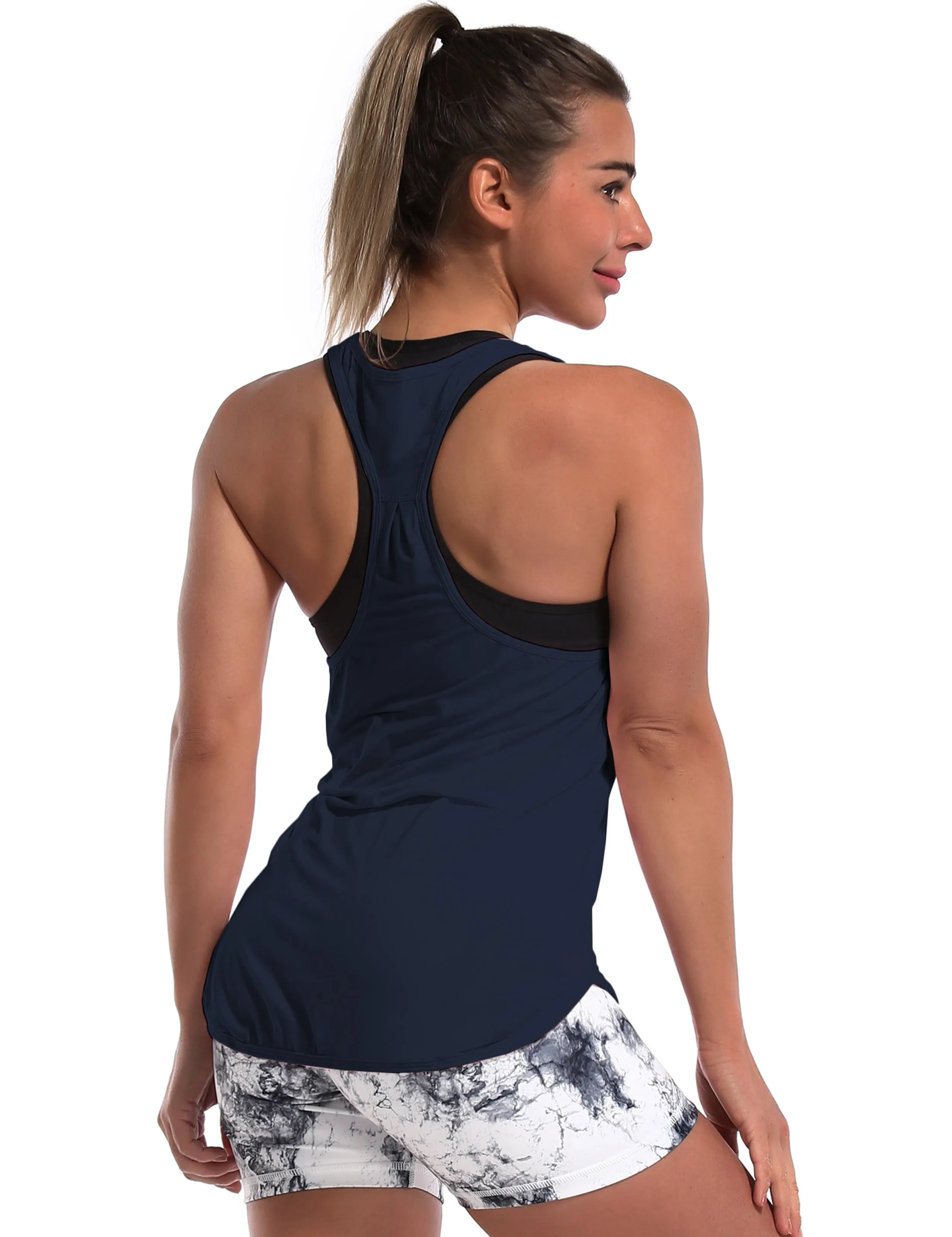 Loose Fit Racerback Tank Top darknavy_Pilates