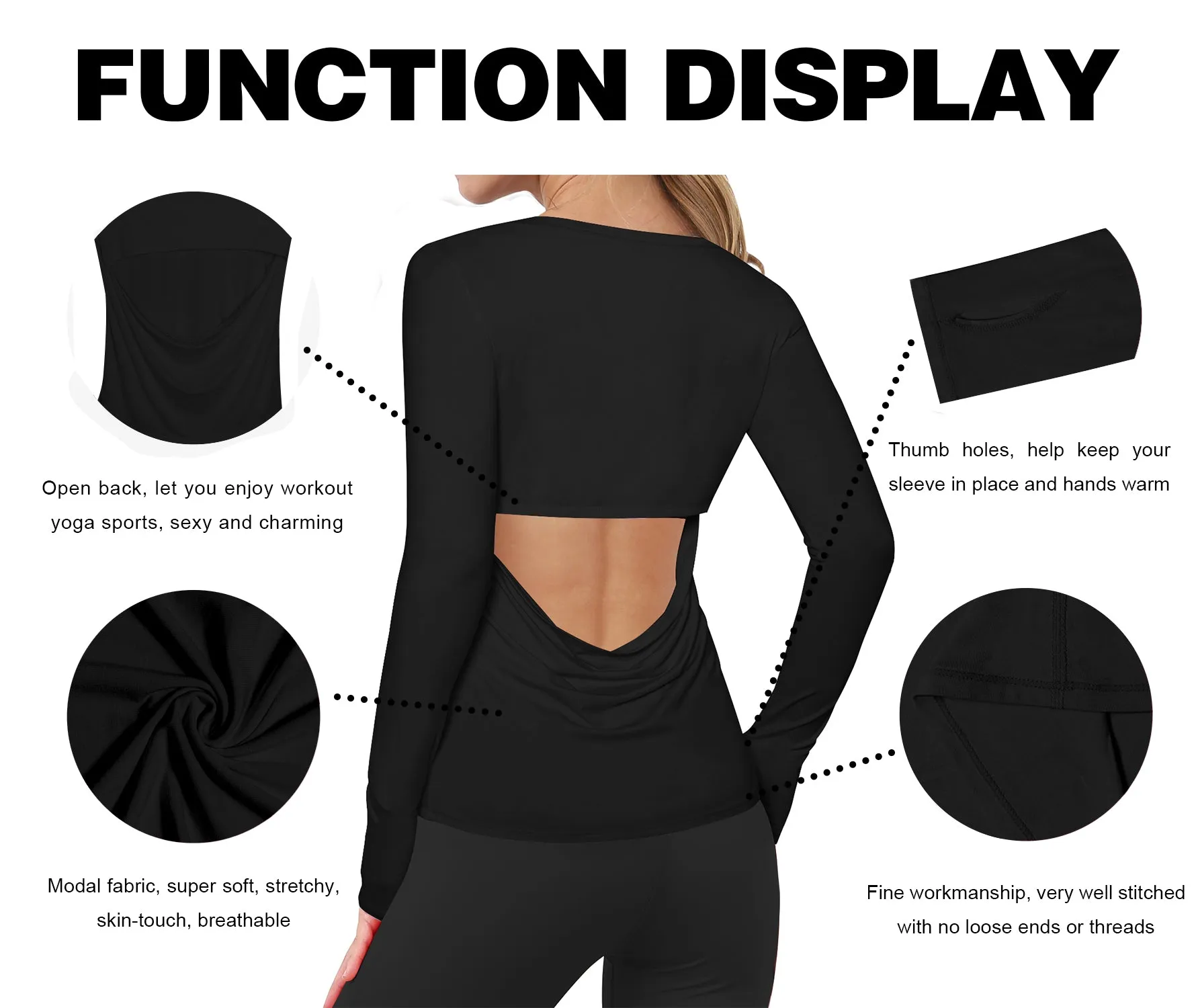 Open Back Long Sleeve Tops black