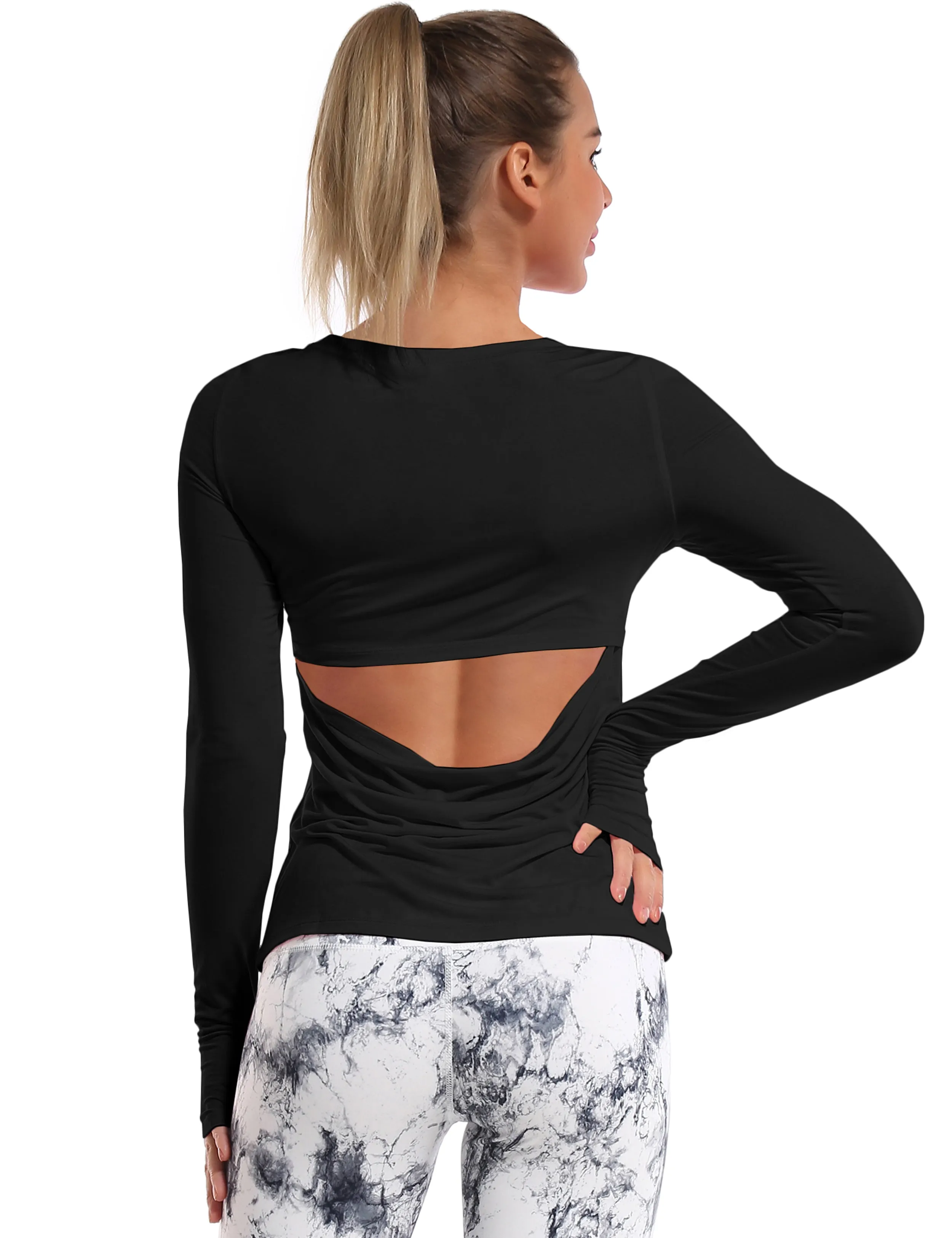 Open Back Long Sleeve Tops black_yoga