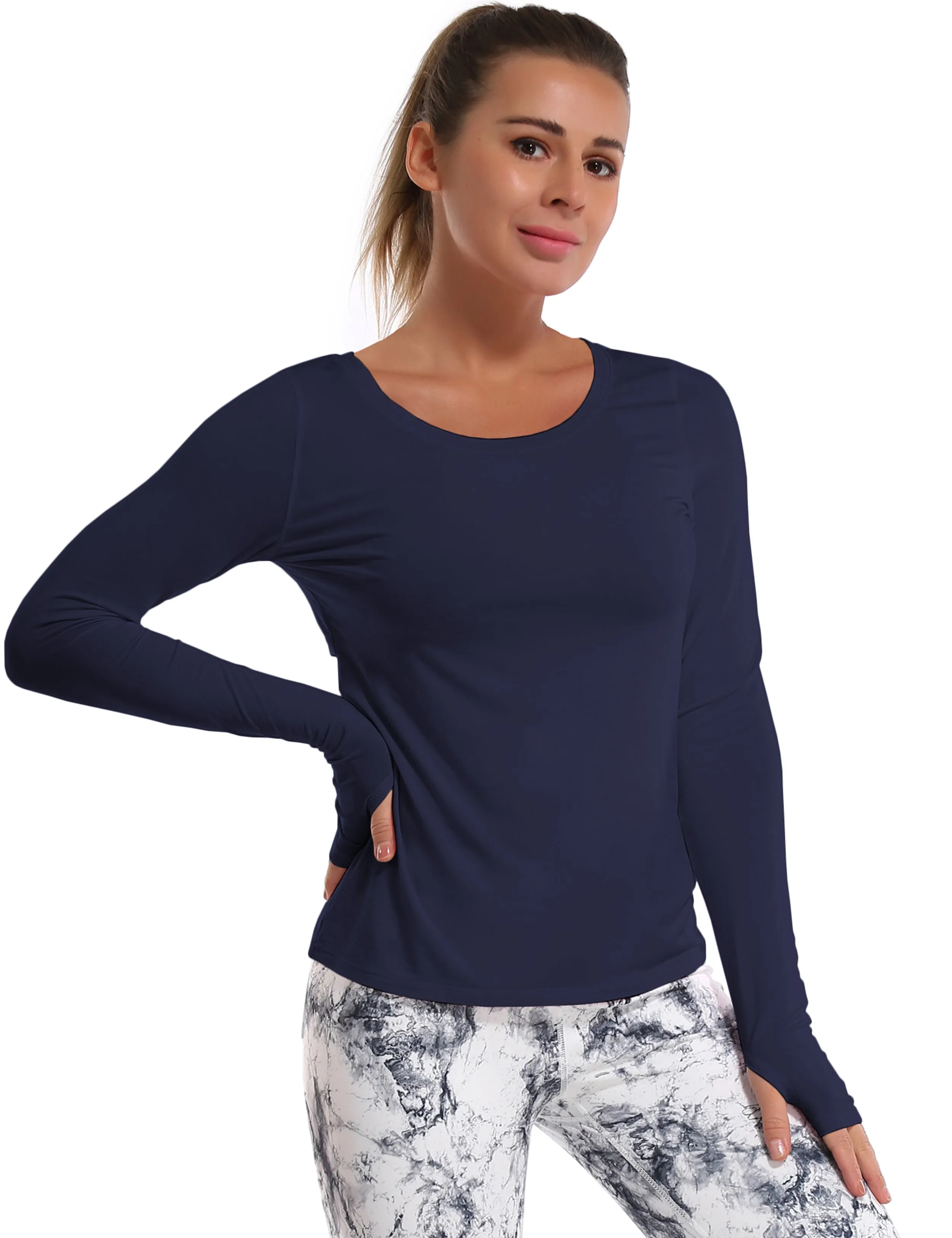 Open Back Long Sleeve Tops darknavy_yoga