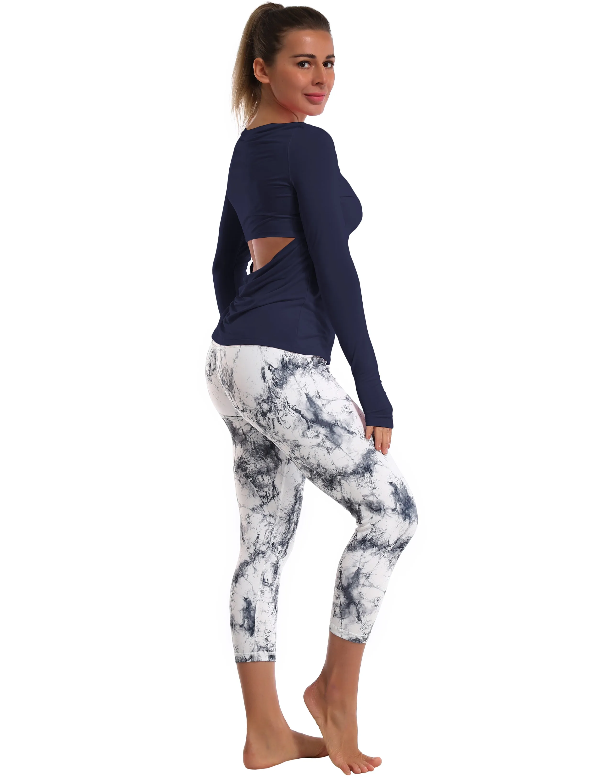 Open Back Long Sleeve Tops darknavy_yoga