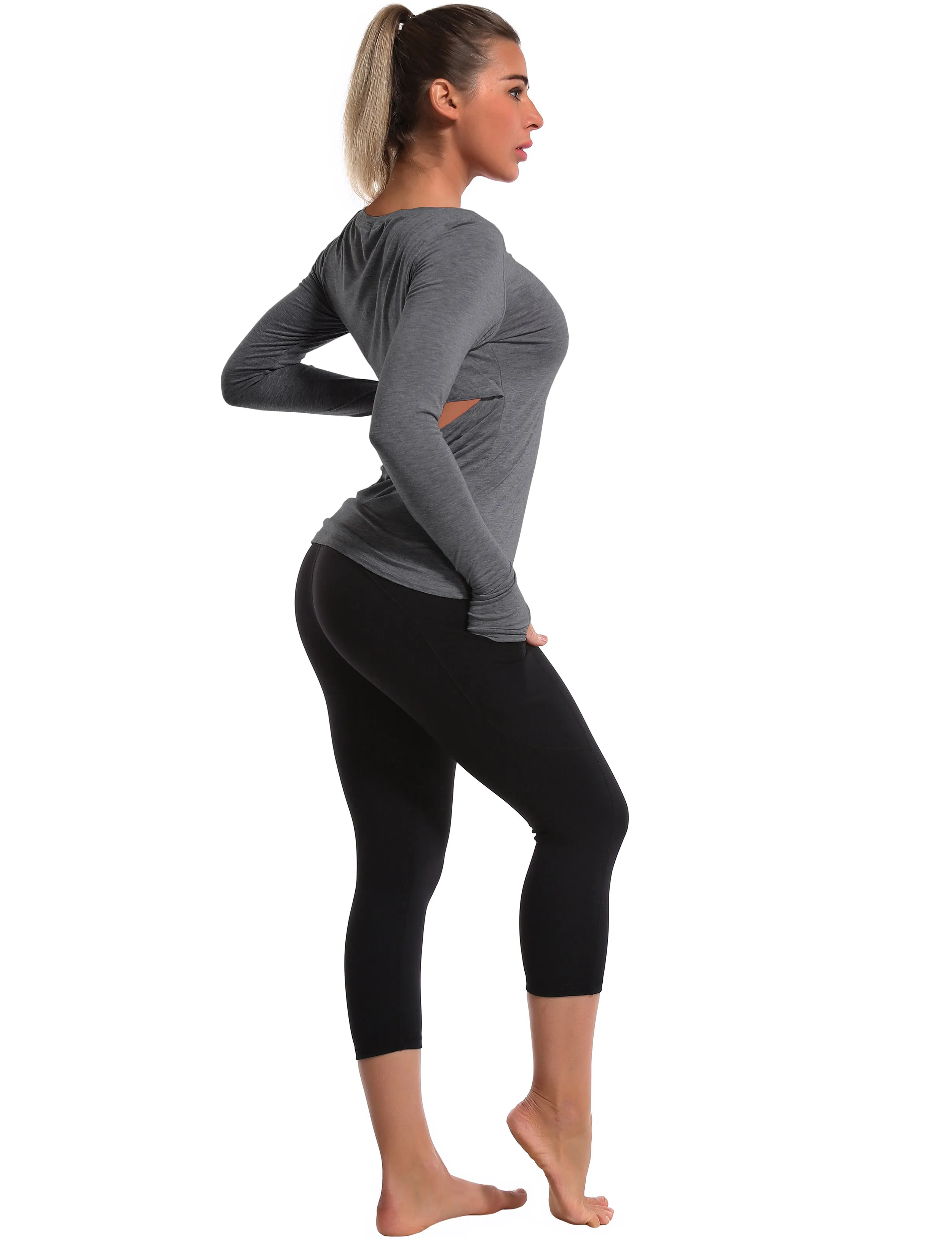 Open Back Long Sleeve Tops heathercharcoal