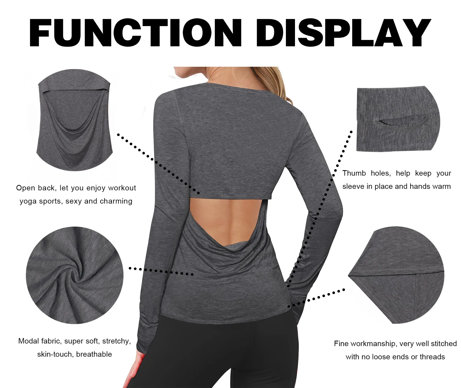 Open Back Long Sleeve Tops heathercharcoal