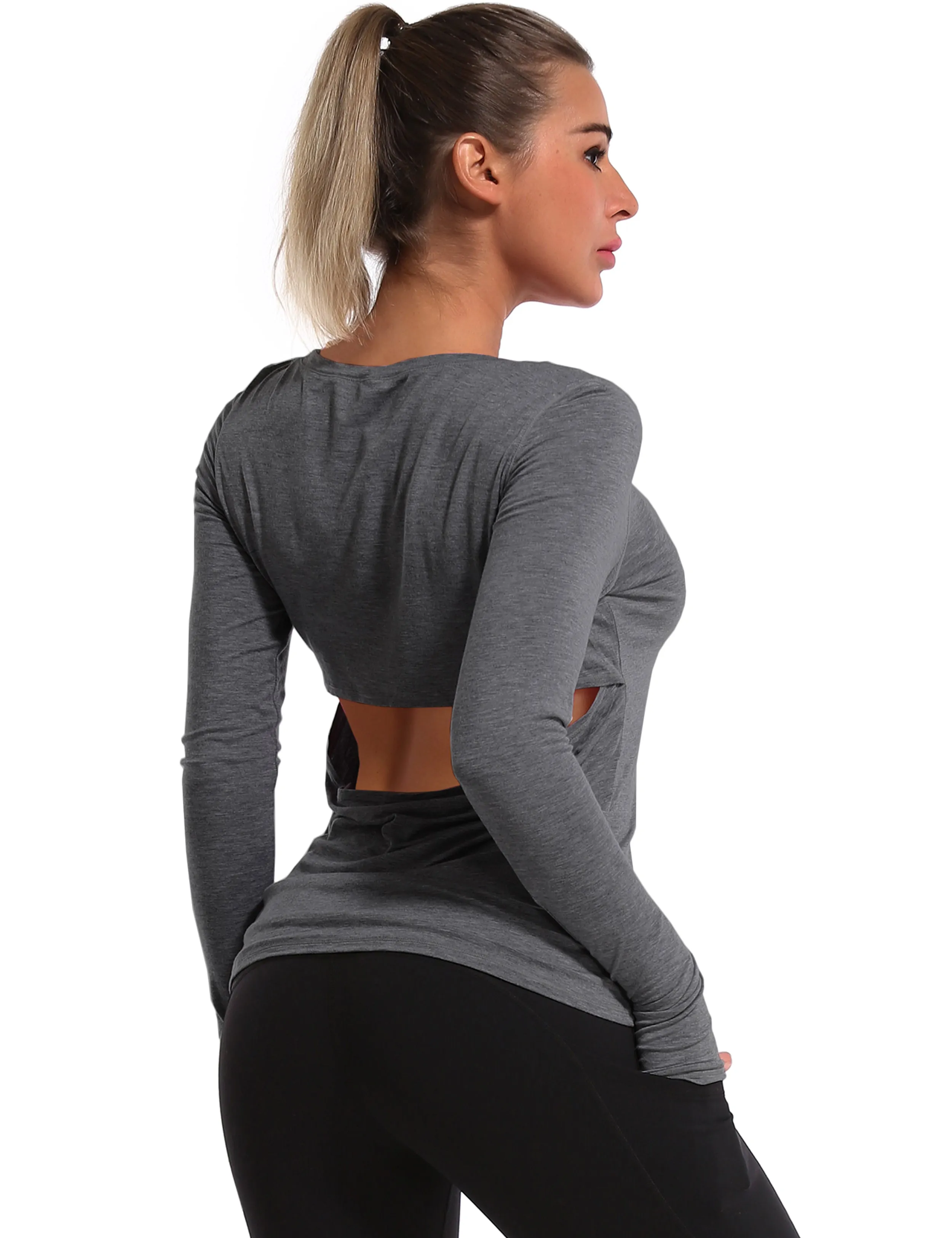 Open Back Long Sleeve Tops heathercharcoal