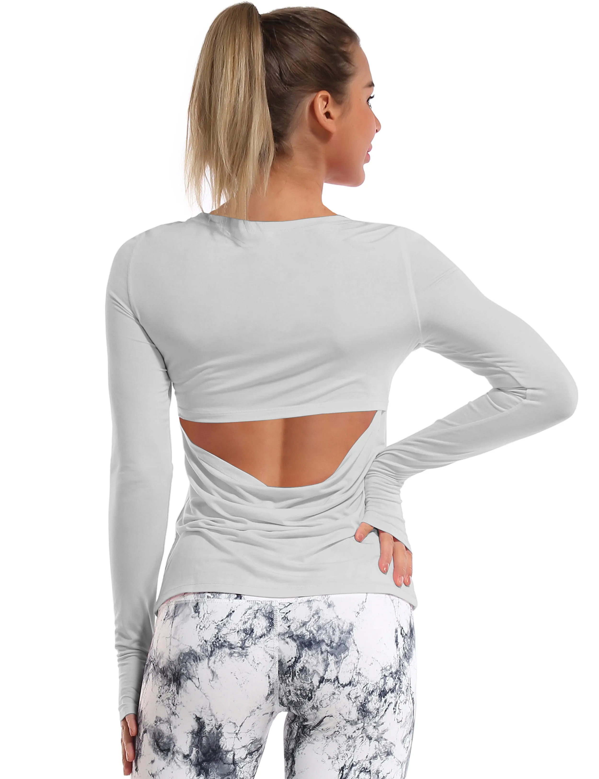 Open Back Long Sleeve Tops lightgray_Biking