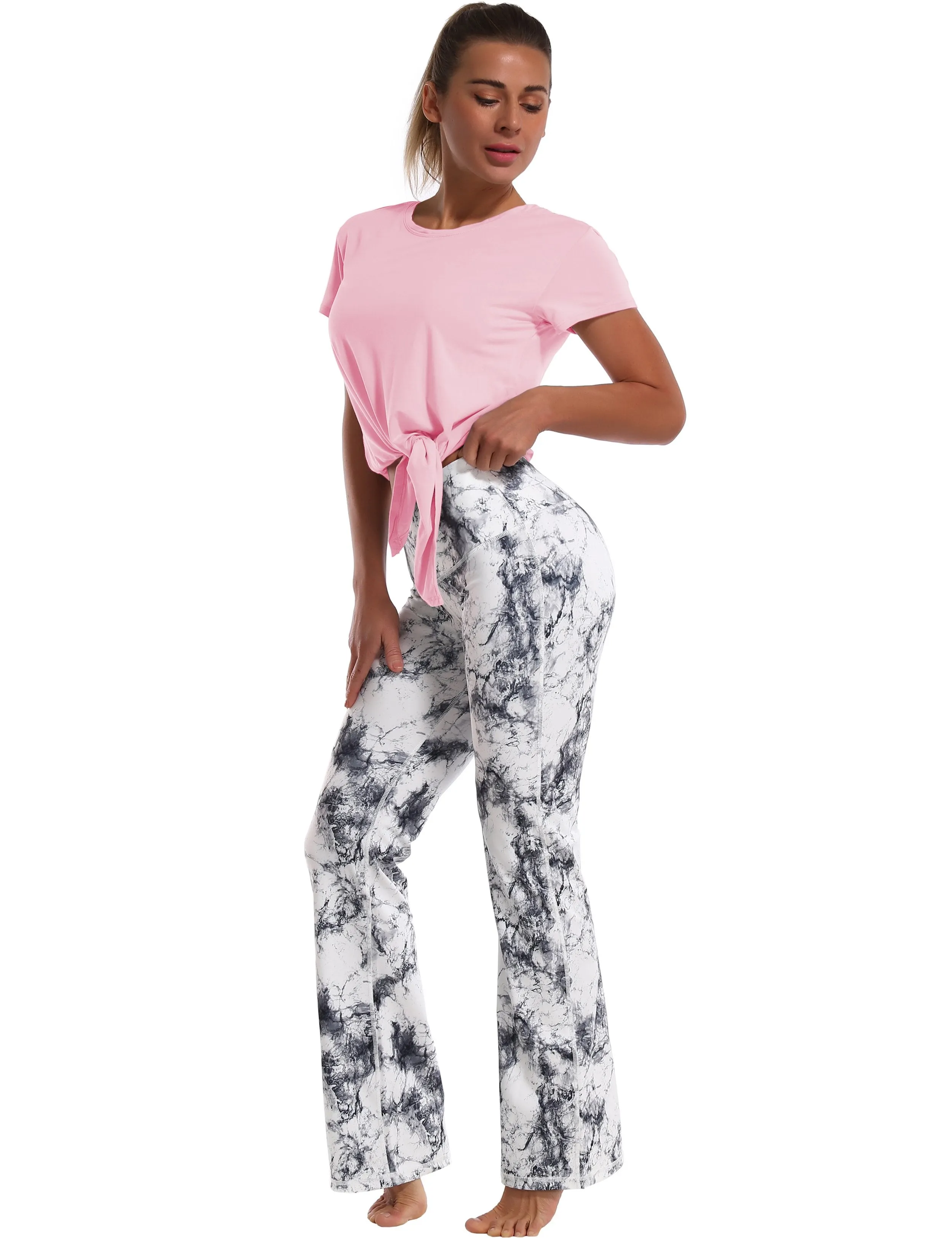 Tie Up Crop Top Short Sleeve T-Shirt lightpink ins_yoga
