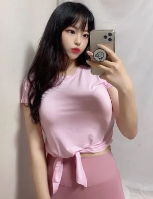 Tie Up Crop Top Short Sleeve T-Shirt lightpink ins_yoga