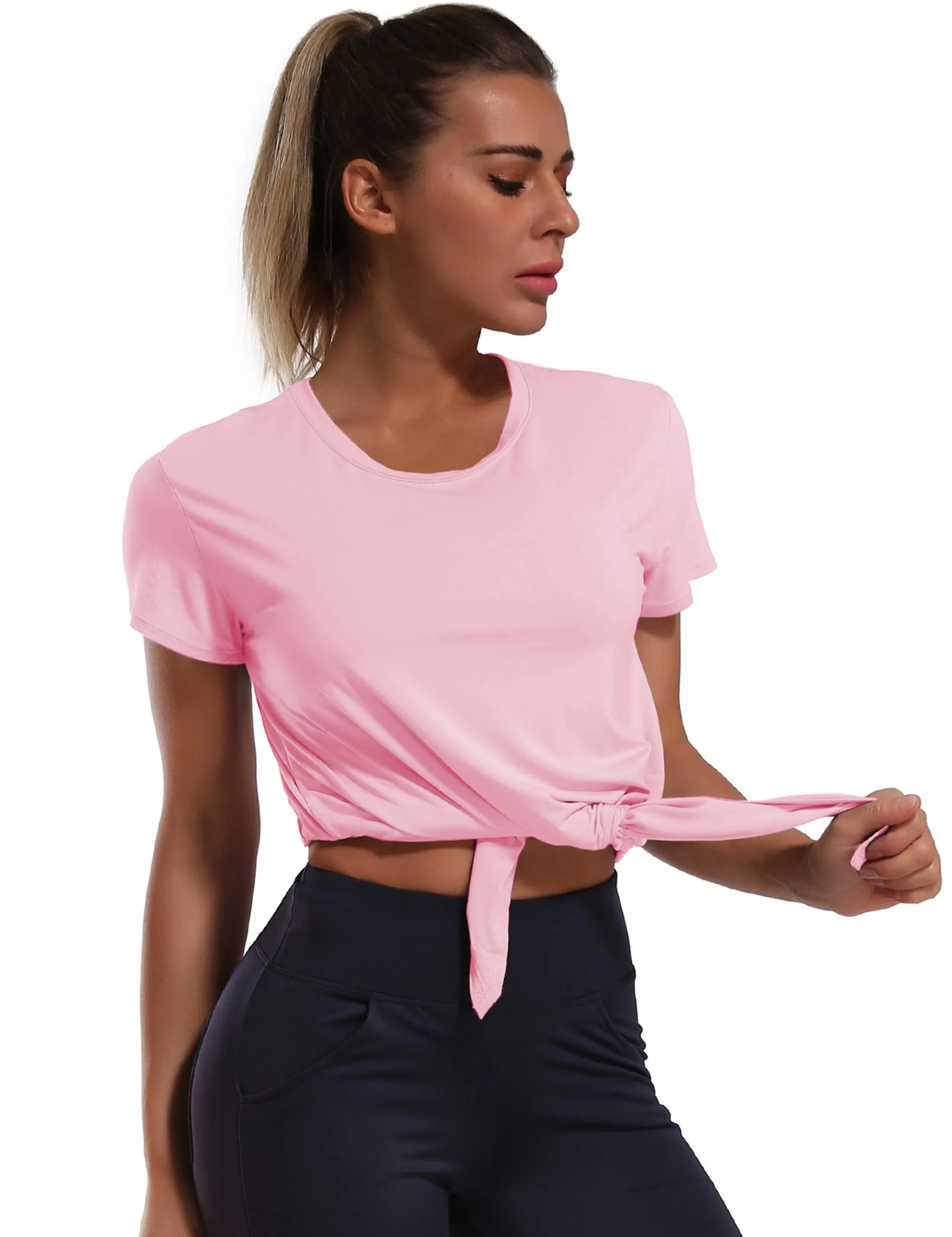 Tie Up Crop Top Short Sleeve T-Shirt lightpink ins_yoga