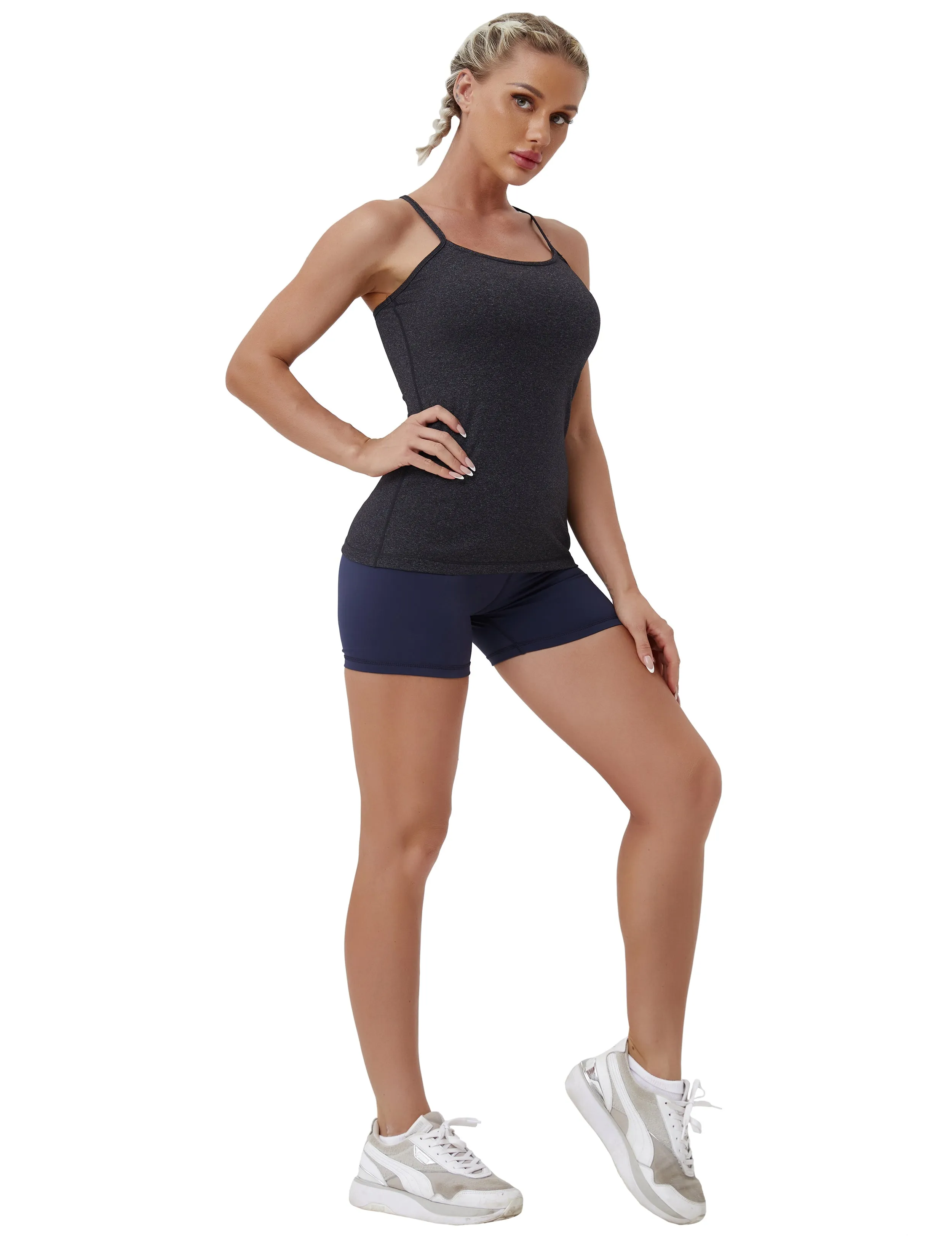 Y-back Spaghetti Strap Tank Tops heathercharcoal_yogastudio
