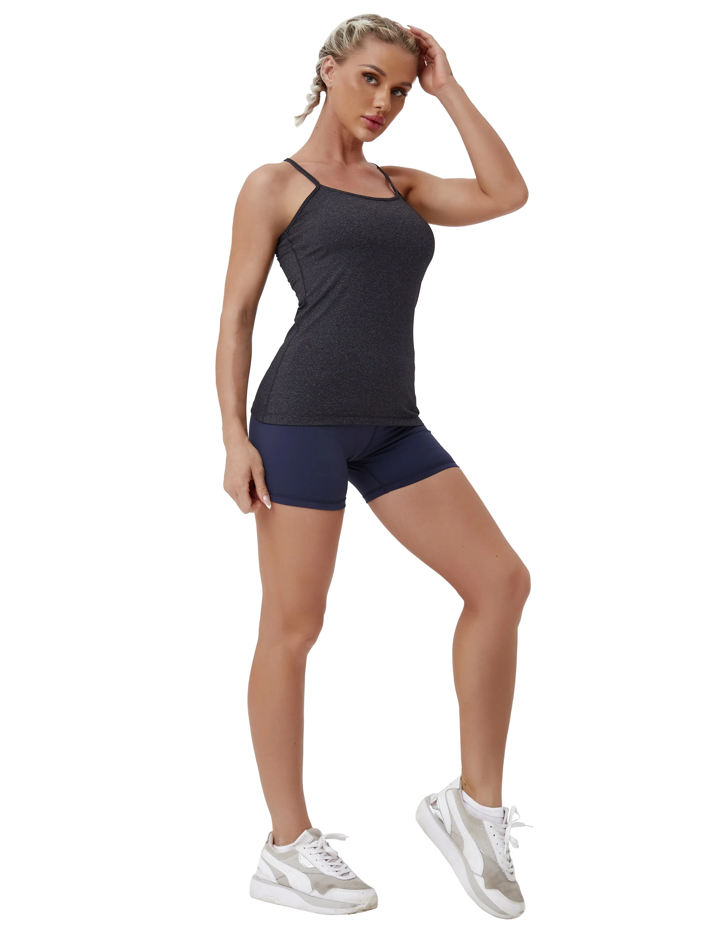 Y-back Spaghetti Strap Tank Tops heathercharcoal_yogastudio